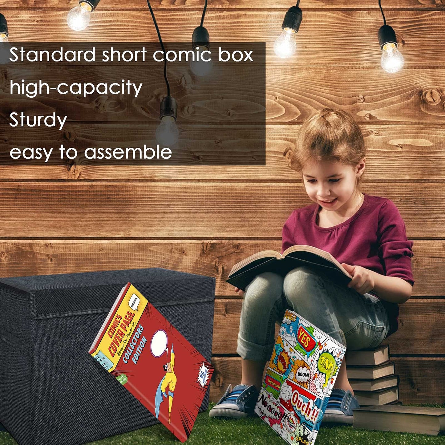 Leffis 2 Pack Collapsible Comic Book Storage Box 15.5" X 7.5" X 11.3", Short Comic Book Box with Handles, Holds 150 Comics Heavy Duty Comic Book Bin