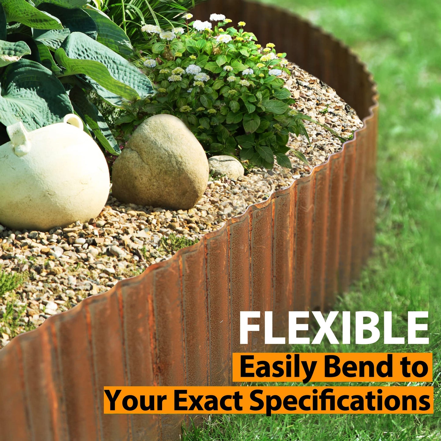 Worth Garden 20 Feet Pre-Rusted Corrugated Edging - 10" H. Sturdy Steel Landscape Lawn Edging - Bendable Metal Long Strips of Garden Border for Raised Flower Bed Tree Surrounds