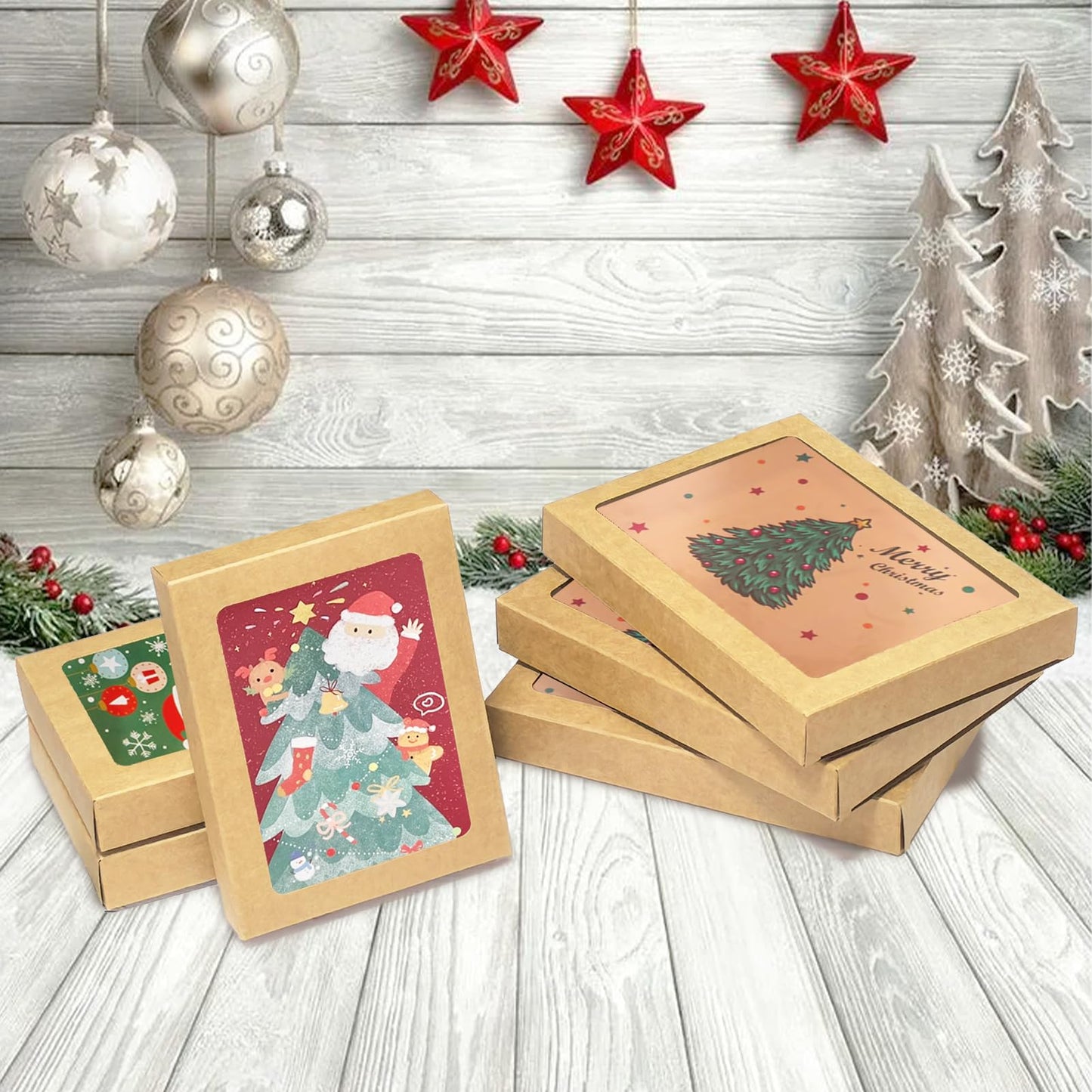 GIWOSK 60 Pcs Greeting Card Storage Box, Kraft Paper Box with PVC Transparent Window Greeting Card Holder Bulk for A7 Paper Photo Frame Card Envelope Biscuit, 5.39 x 7.36 x 1 Inches, Rectangle