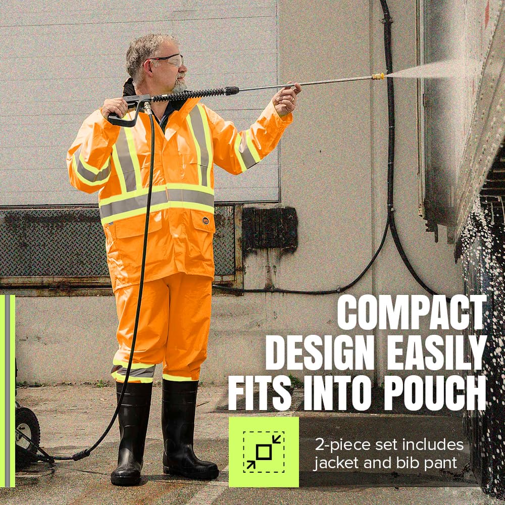 Pioneer Hi Vis Waterproof Lightweight Rainsuit - Work Safety Hooded Jacket and Bib Pants - Adjustable Pant Length - Hi Vis Orange