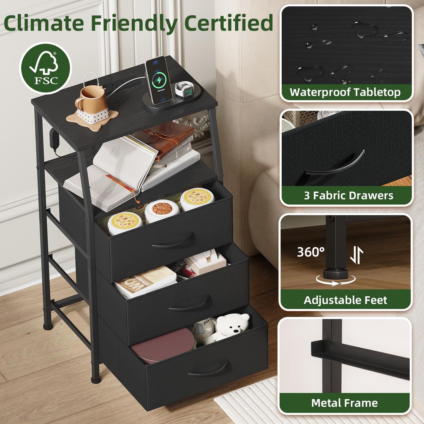 Somdot Nightstand with Charging Station and LED Light for Bedroom, Tall 3 Drawers Dresser with Fabric Bins for Bedside Dorm Kids Closet Laundry Entryway, Black