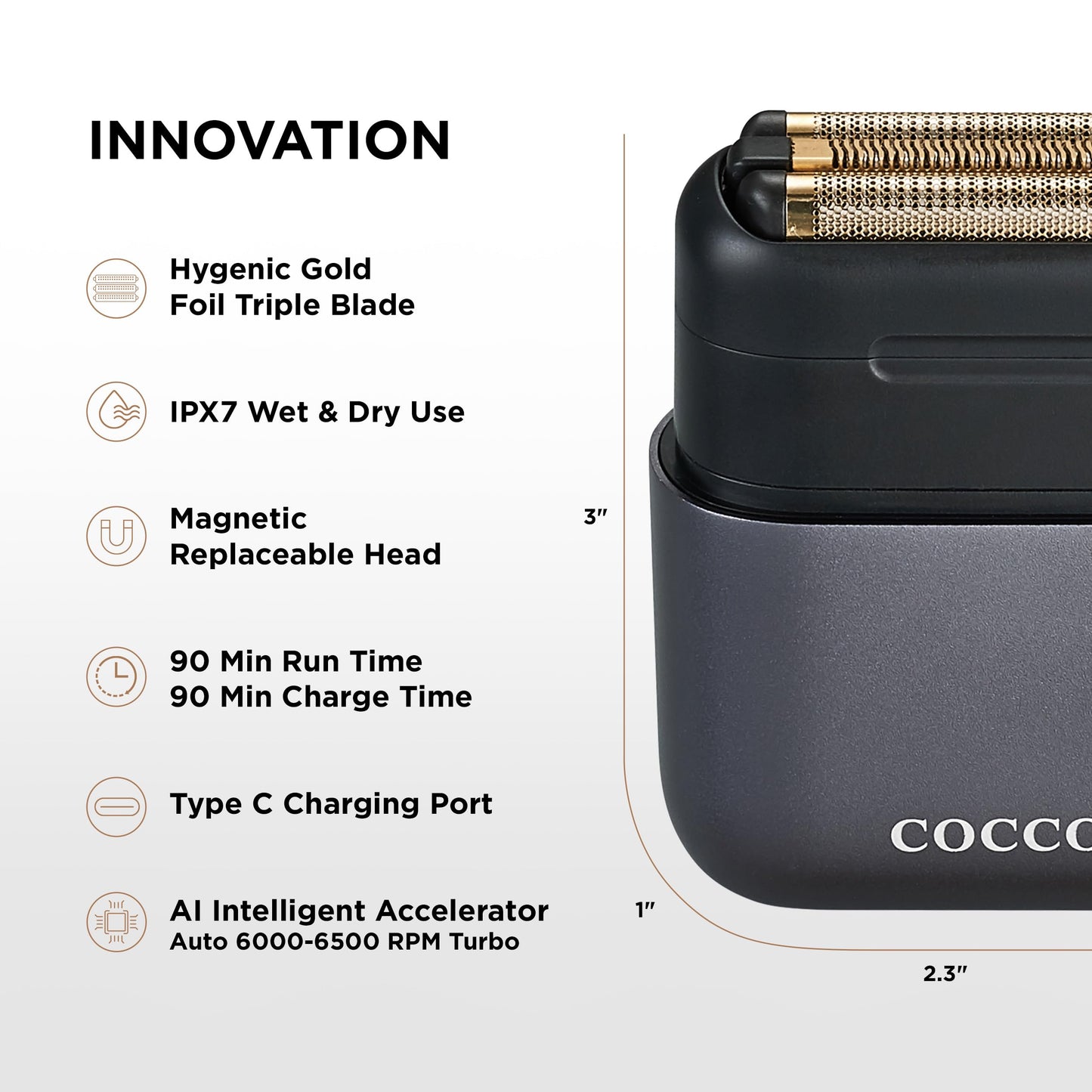 COCCO IMPACTO Shaver, Hygienic Gold Foil Triple Blade, Grey, Wet & Dry Use, Magnetic Replaceable Head, Intelligent Accelerator, 90 Min Run Time