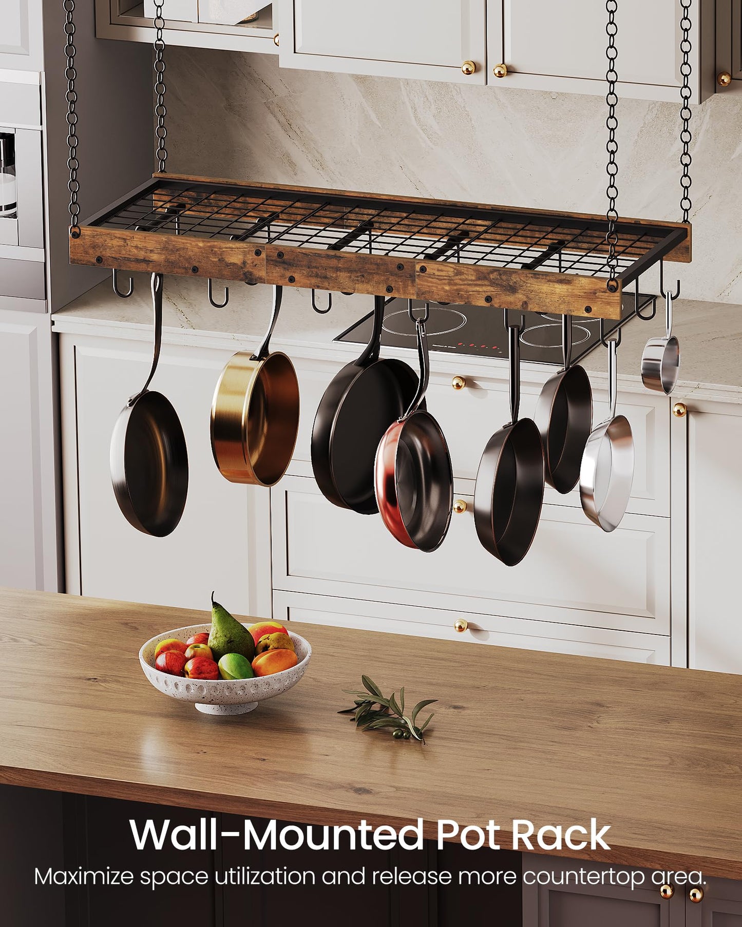 CHOEZON Hanging Pot Rack, Ceiling Wall Mounted Pot Rack for Kitchen, Industrial Style Pot Hanger with 18 Hooks, Cookware Storage Organizer, for Pots and Pans, Rustic Brown and Black TPR12BFC1