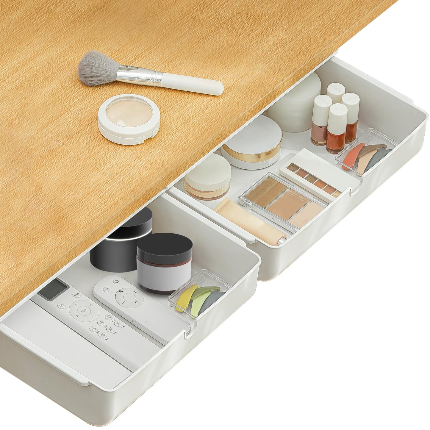 Poeland Under Desk Drawer Self-Stick Storage Organizer for Office Home School Large Size White 2 Pack, A0441-L-2