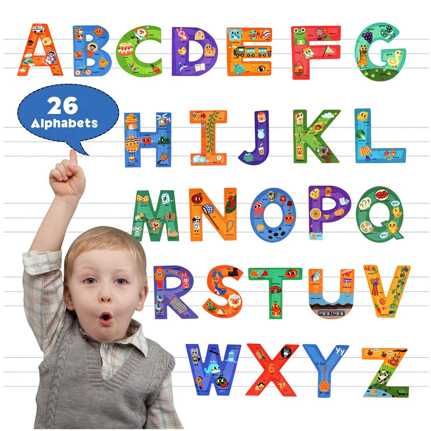 SYNARRY Wooden Puzzles for Kids Ages 3-5, ABC Learning for Toddlers Ages 3+, Sight Words Letter Puzzles Montessori Toys Educational for Preschool Boys Girls
