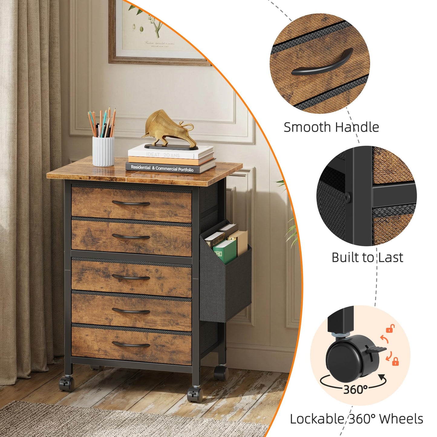 HIGDBFE 5 Fabric Drawers File Cabinet with Side Pocket, Rolling Filing Cabinet Printer Stand with Storage for Home Office, Wooden Top Storage Cabinet for Documents and Crafts, Rustic Brown, 15" D