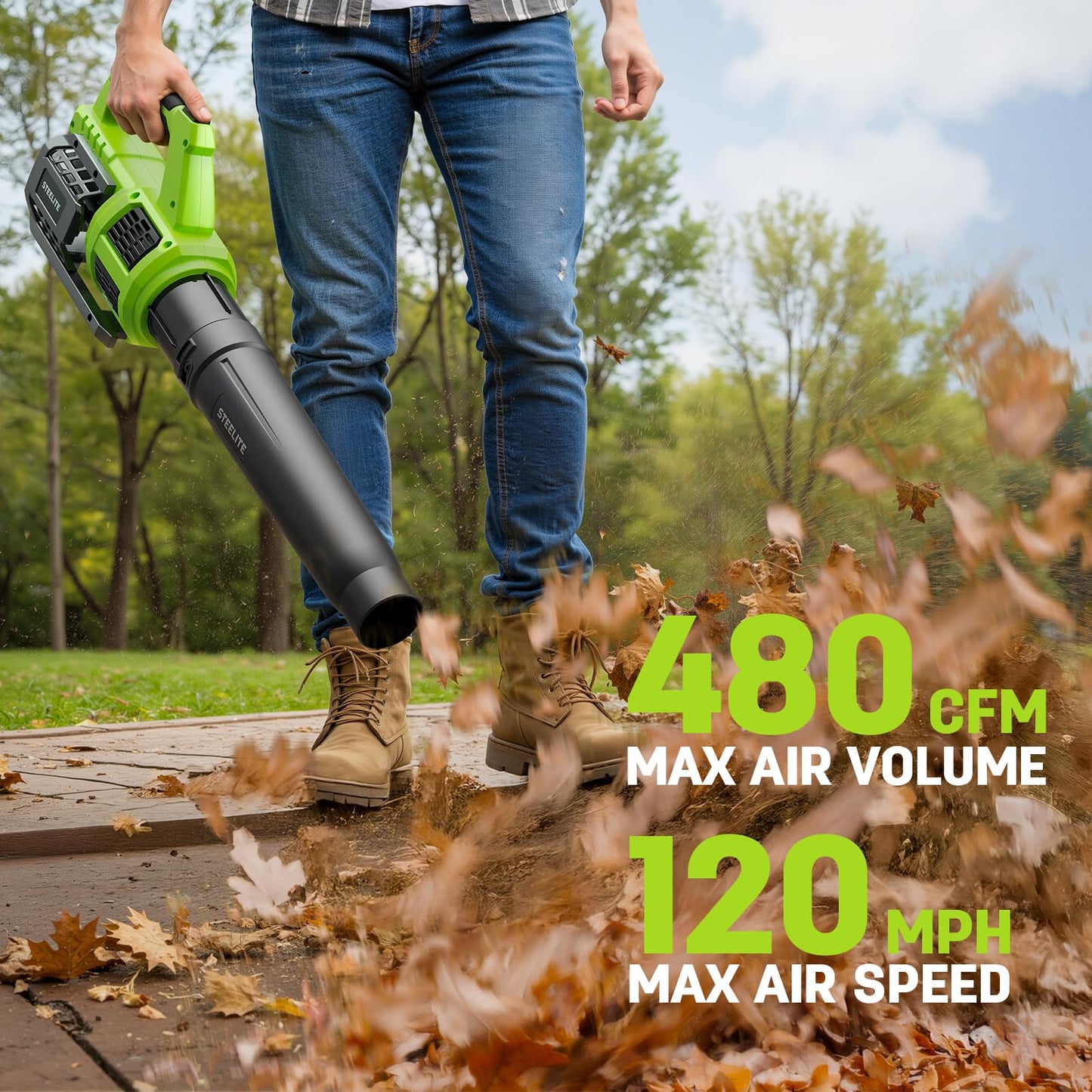STEELITE 21V Cordless Leaf Blower – 600CFM 150MPH, Lightweight & Powerful, 2×2.0Ah Batteries, Ideal for Garden, Patio, Dust & Leaves – Green