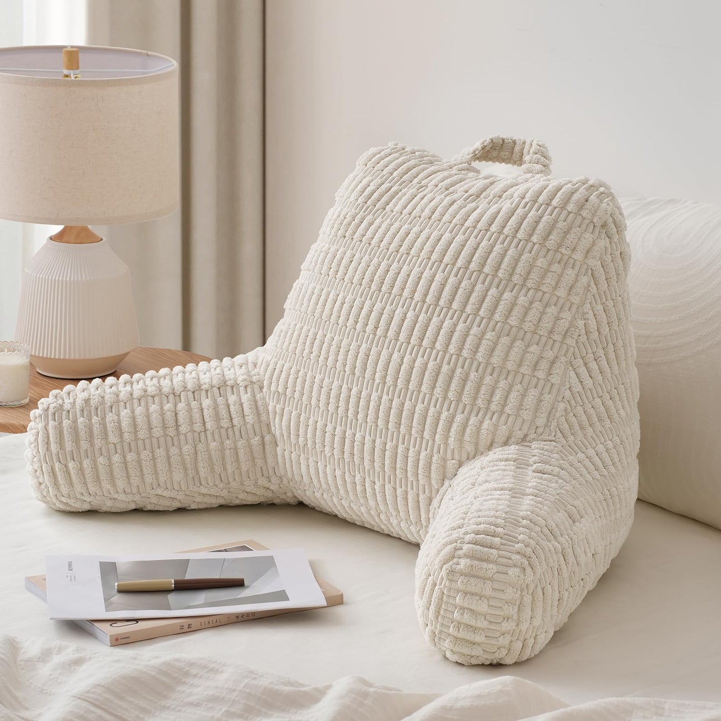 Blissful Diary Reading Pillow, Backrest Pillow with Shredded Memory Foam for Adult & Children, Designed for Bed and Couch Sitting Up, Includes Arms, Pockets and Washable Cover, Off White