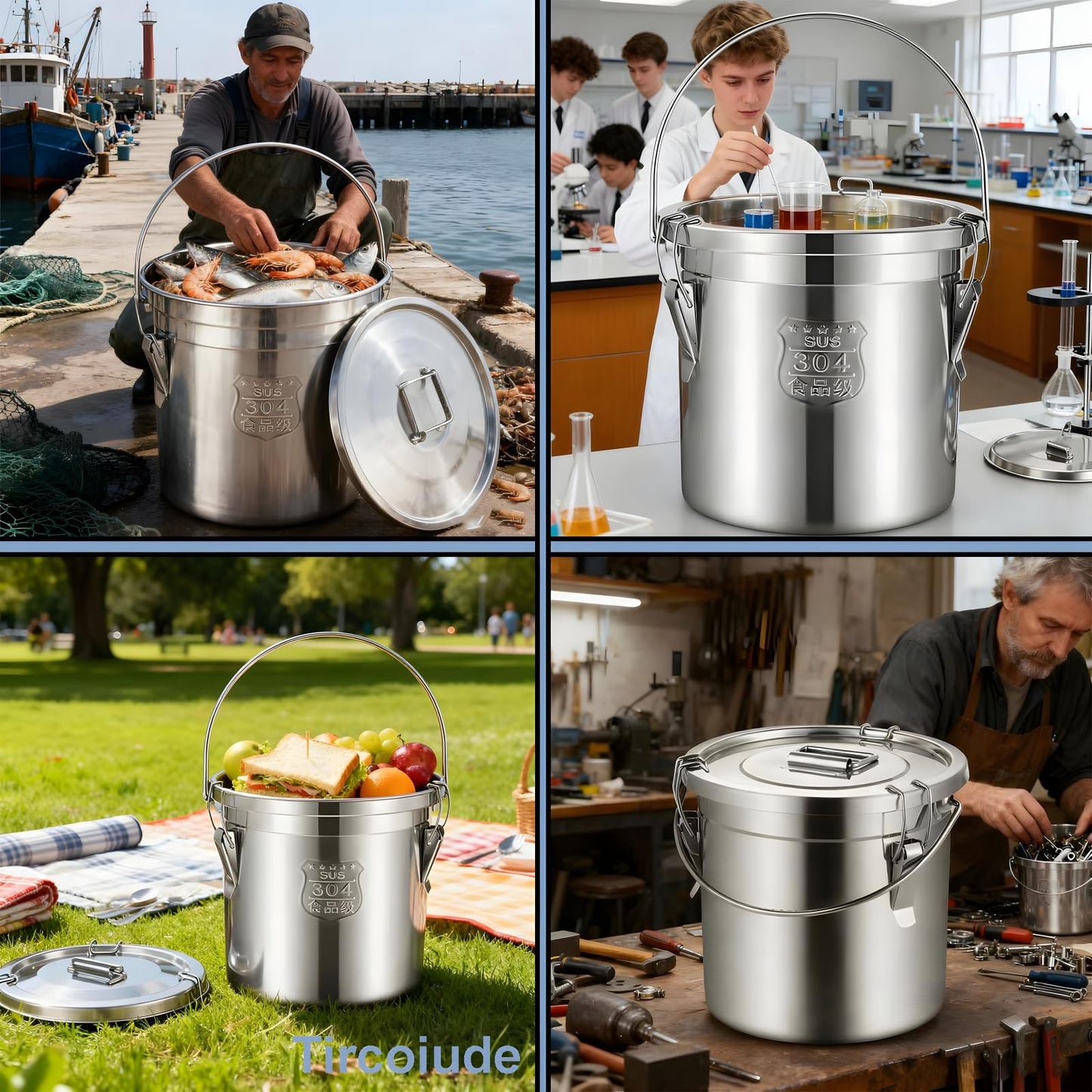 Tircoiude 304 Stainless Steel Kitchen Canisters, Flour Storage Container with Lid Locking Clamp Metal Food Airtight Canister for Kitchen Bean Oil Cereal Stainless Steel Bucket(Handheld)6L/1.5gal