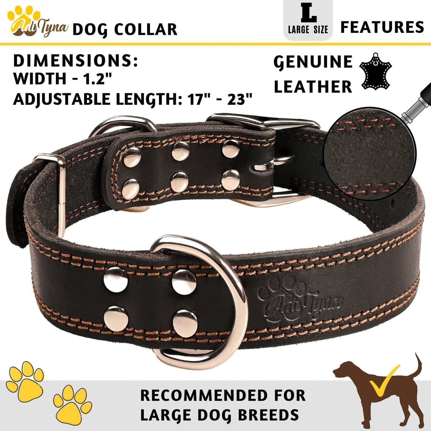 ADITYNA Heavy-Duty Leather Dog Collar for Large Dogs - Soft and Strong, 100% Genuine Leather (Large: Fit 17" - 23" Neck, Black)