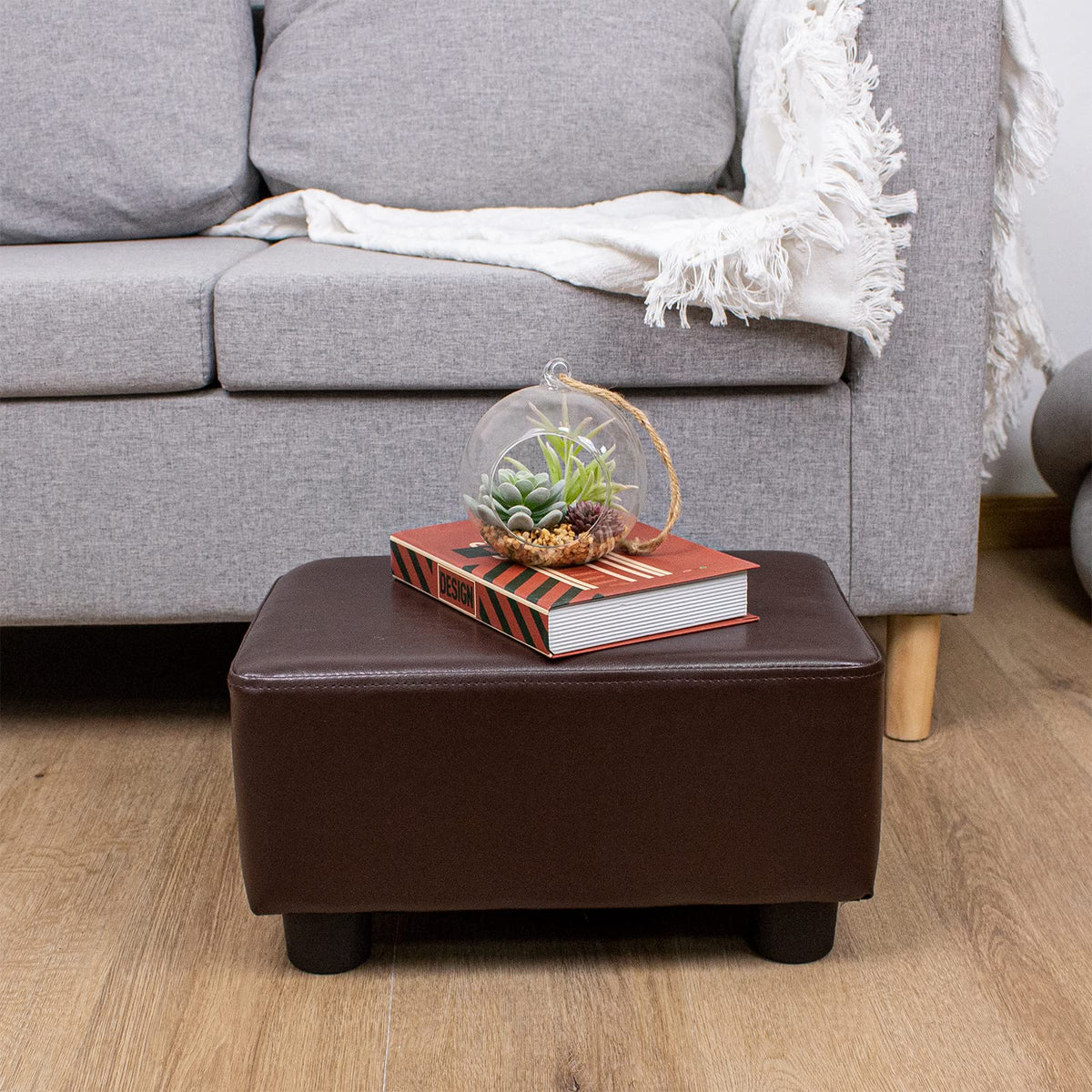 CAROLMADE Small Foot Stool Ottoman PU Footstool with Legs Foot Rest for Living Room Bedroom and Office, Brown