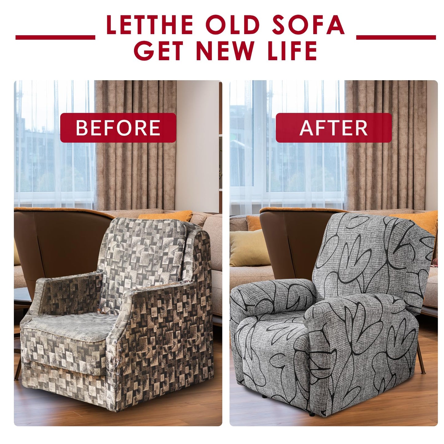 Recliner Chair Cover, Anti Scratch Lazy Boy Recliner Covers, Stretching Printed Sofa Slipcovers for Protection, Elastic Bottom Couch Cover Slipcover for Cats, Dogs, Pets and Kids, Machine Washable