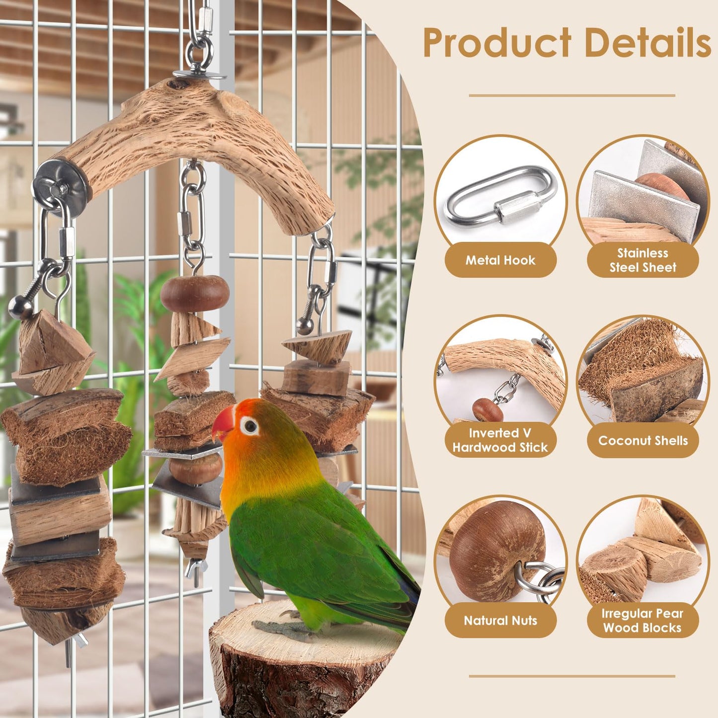 DBNESS Large Bird Parrot Toys, Birds Wooden Chew Blocks with Stainless Steel Cage Hanging Bite Toy for Macaws, African Greys, Cokatoos, Amazon Parrots and Small Medium Parakeets