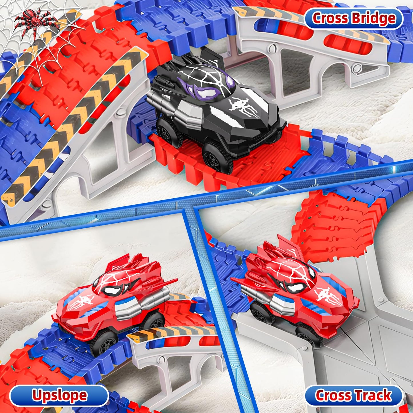 Spider Race Track Toys for Boys 4-6 - Monster Truck Toys for 3 4 5 6 7 8 Year Old Boys Girls, Toddler Tracks Playset with 2 Electric Spider Cars, Kids Christmas Birthday Gifts Age 3-4 3-5 6-8 (212PCS)