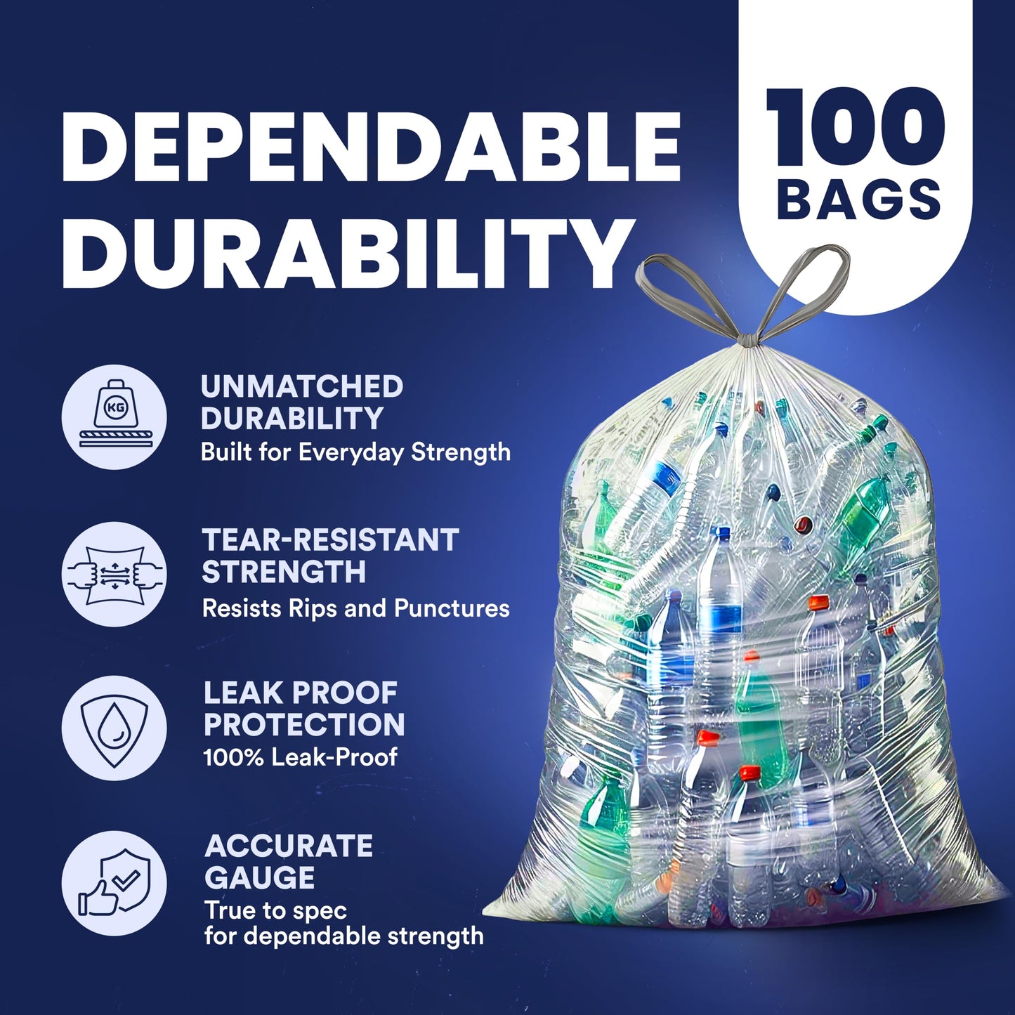 Plasticplace 32-33 Gallon Recycling Bags │ 0.8 Mil │ Clear Drawstring Garbage Can Liners │ 33" x 38" (100 Count)