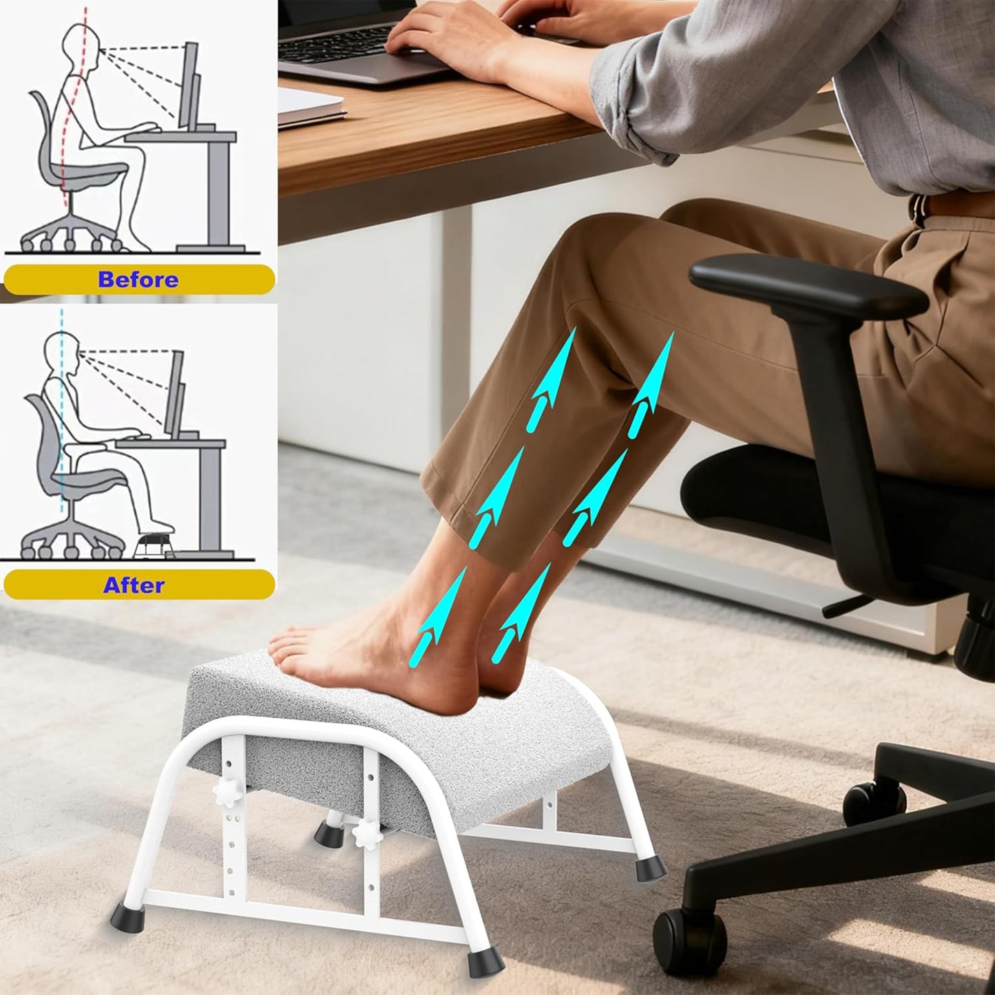 Flixorate Foot Rest for Under Desk at Work, 10-Level Height Adjustable Ergonomic Foot Stool with Removable Soft Memory Foam Pad, Office & Gaming Desk Accessories for Leg Support（White)