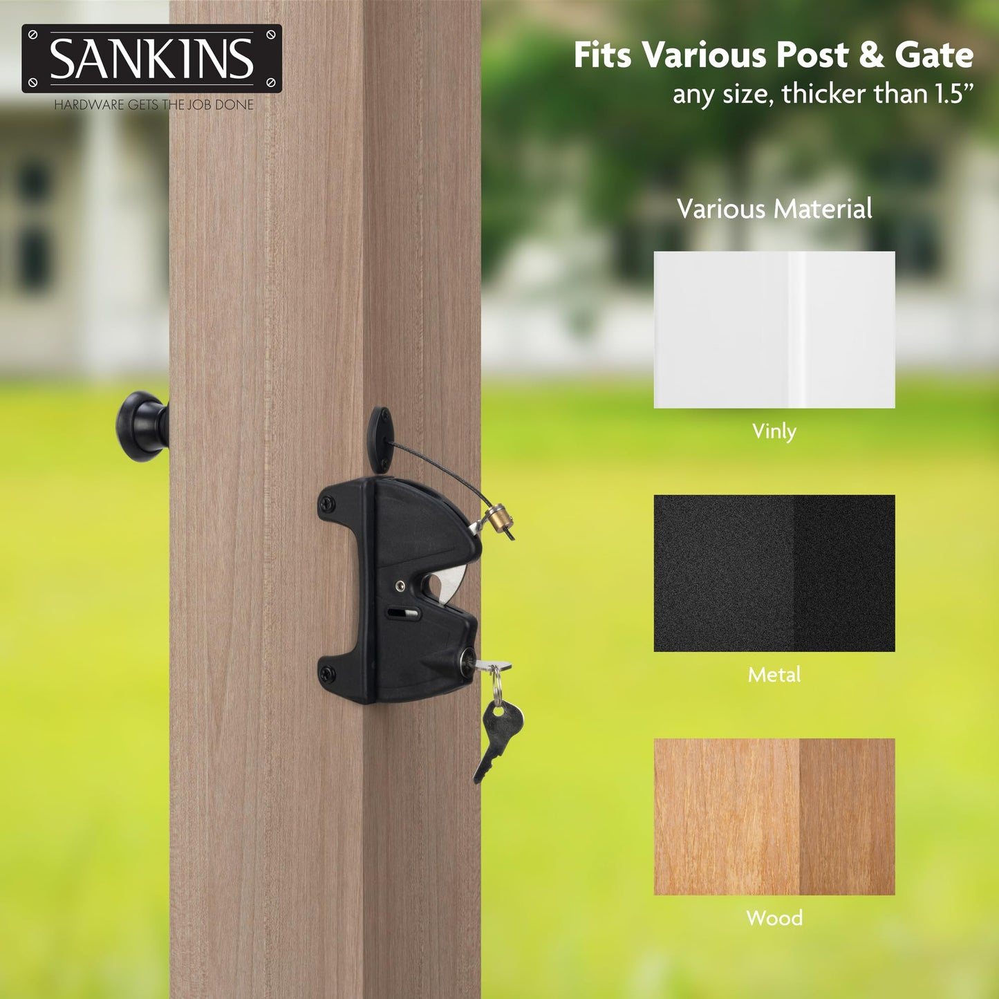 SANKINS Key Lockable Fence Gate Latch, 2 Sided Gate Lock Latch for Outdoor Fence, Keyed Fence Lock Latch with Spring Loaded Pull Cable, Fence Latch Gate Hardware for Wood, Vinyl, Metal Gates, Black