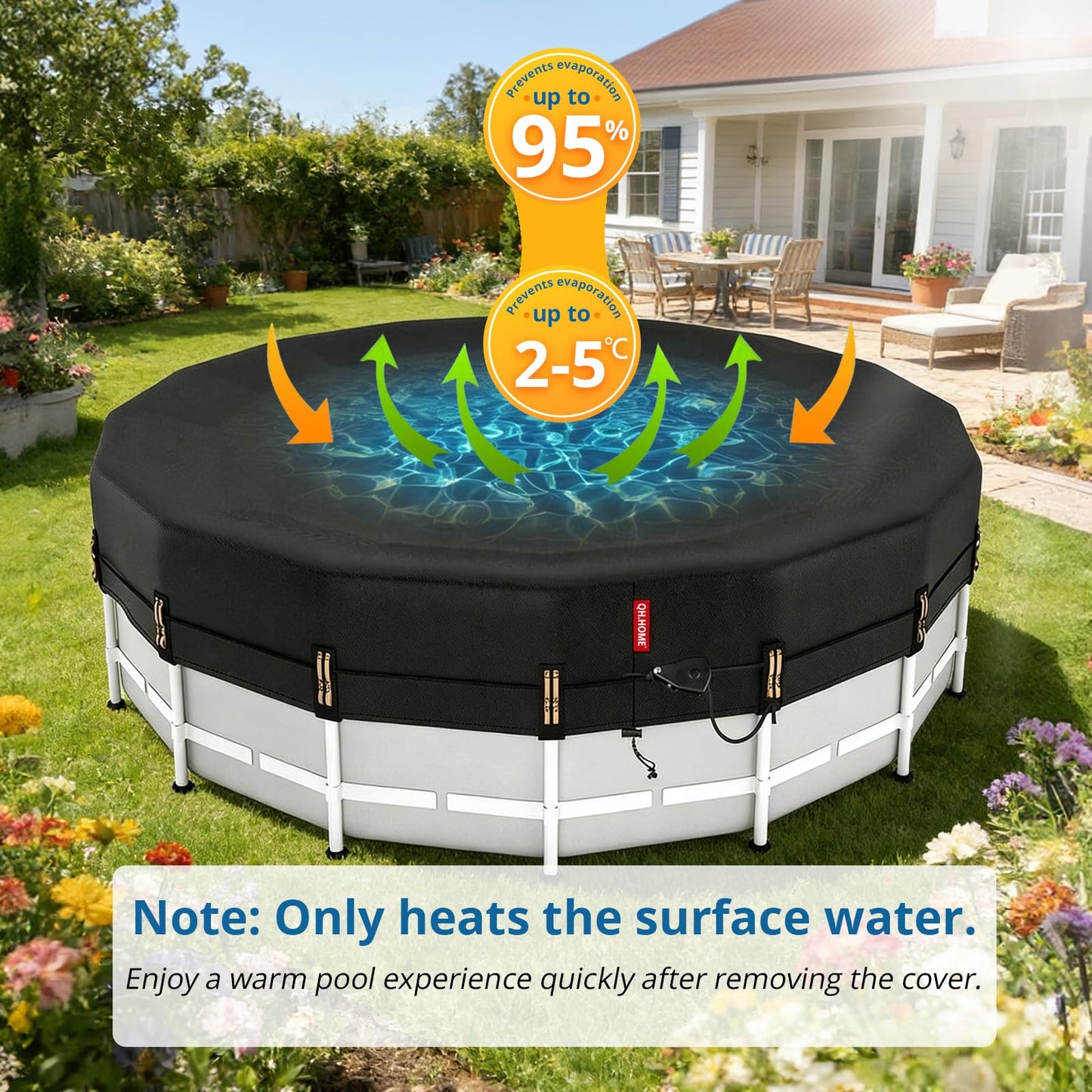 QH.HOME 15 ft Round Pool Cover,Solar Cover for Above Ground Pools - Black Oxford Fabric Heats Water, Blocks Leaves & Sun, Windproof Snug Fit with Patented Ratchet & Weight Rings