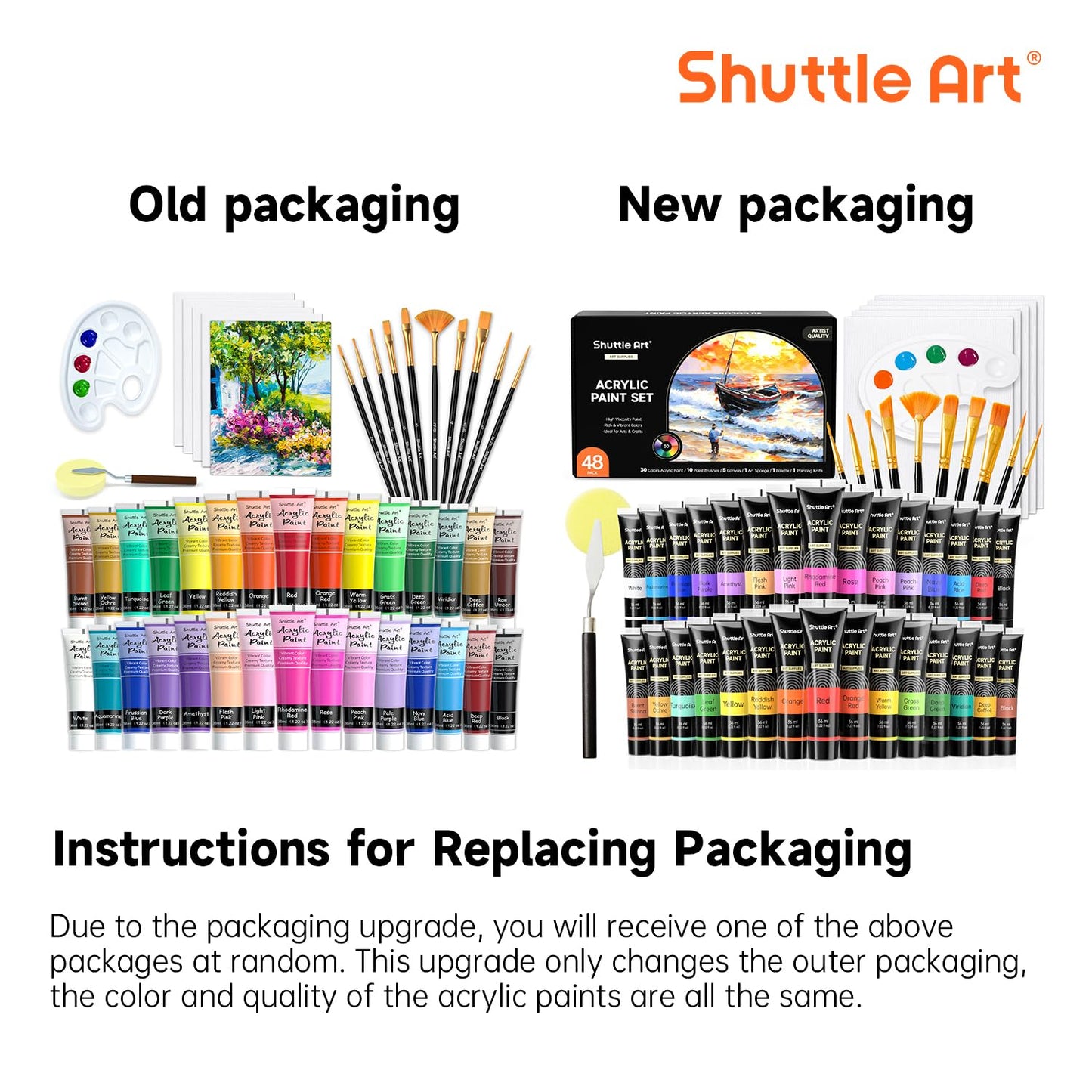 Shuttle Art 48 Pack Acrylic Paint Set, 30 Colors Acrylic Paint (36ml) with 10 Brushes 5 Canvas 1 Paint Knife 1 Palette 1 Sponge, Complete Set for Kids, Adults Painting on Canvas Rocks Wood Ceramic