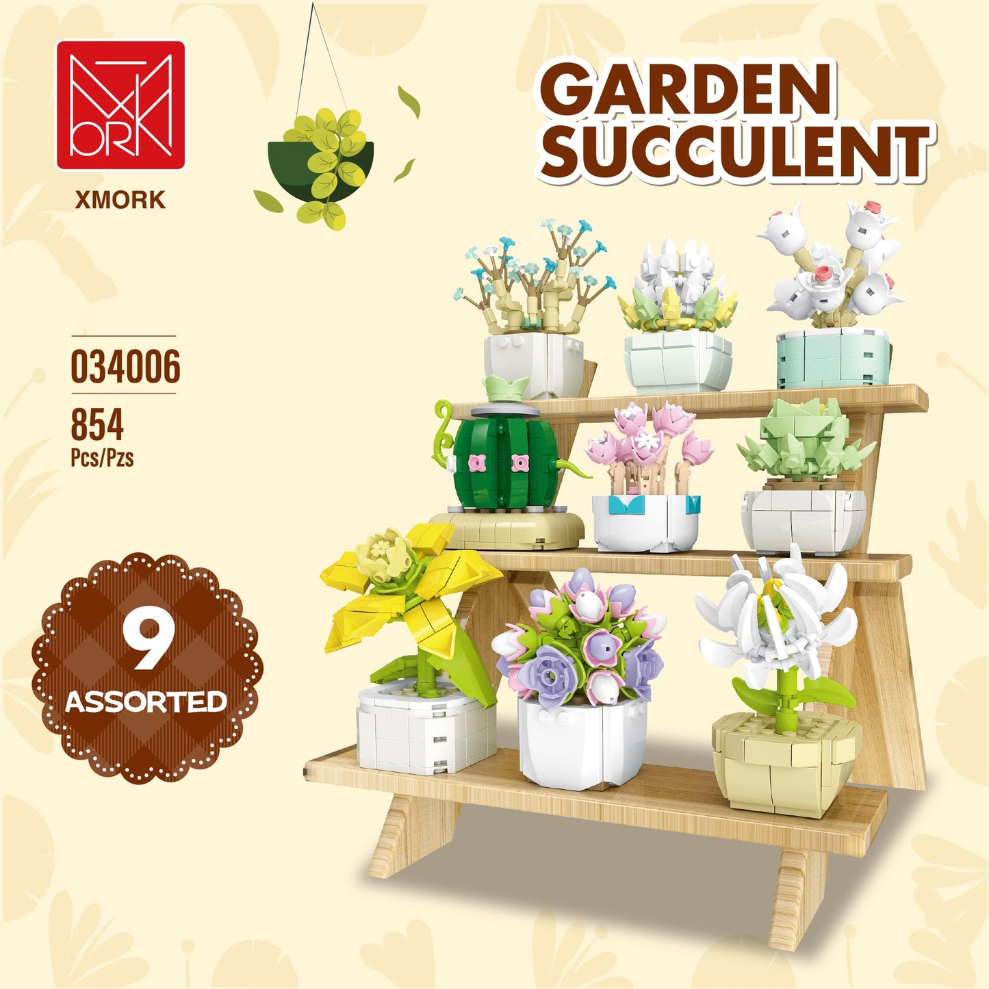 XMORK Succulent Plant Building Blocks Set, 9 Tiny Plants Kit with Display Frame for Botanical Collection and Decor, Succulents Bonsai Toy for Teens and Adults, 854 PCS