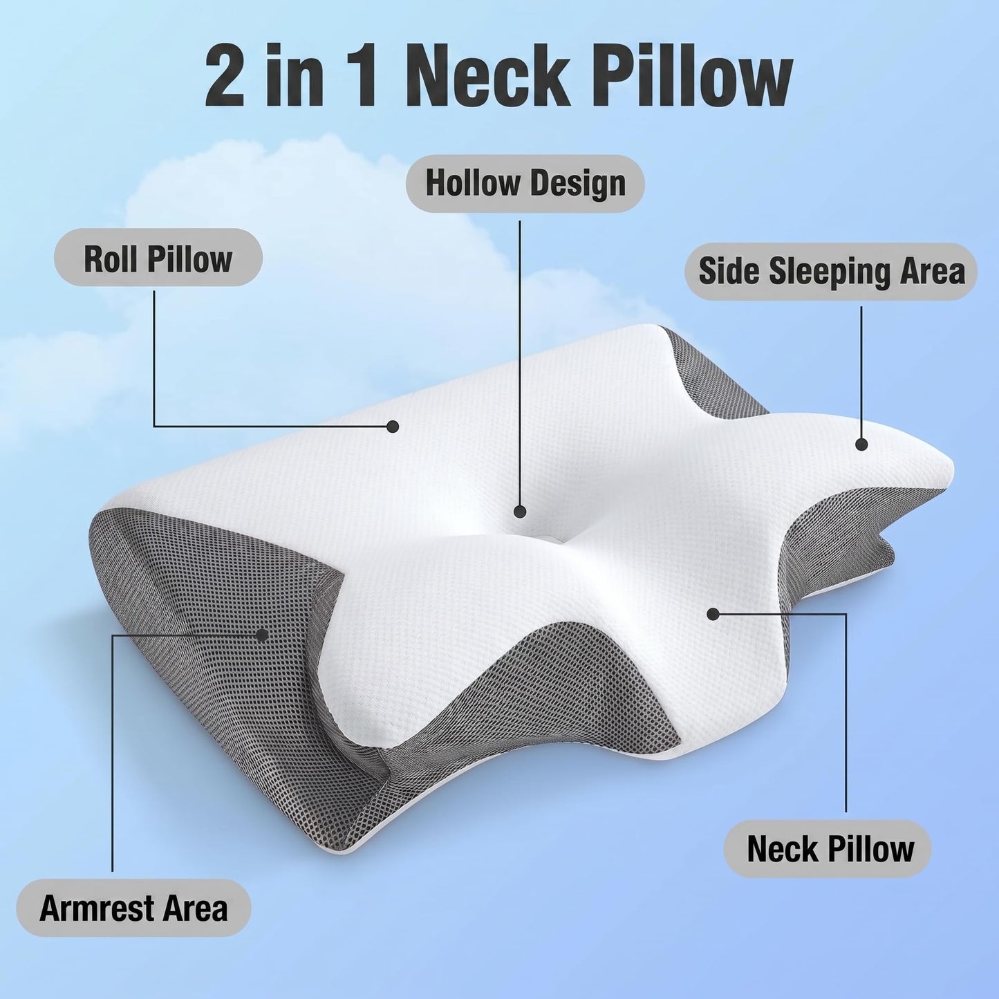 Cervical Neck Pillow for Pain Relief, Memory Foam Orthopedic Contour Pillow for Side Back & Stomach Sleepers, Adjustable Ergonomic Neck Support Pillow with Breathable Pillowcase