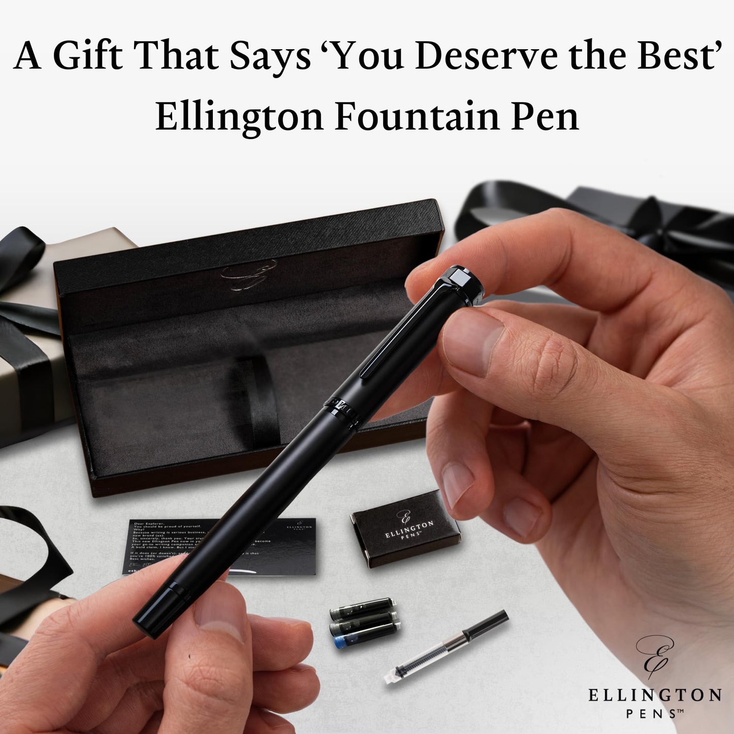Ellington Pens Luxury Fountain Pen Set- Fountain Pens for Writing - Smooth Medium Nib - Includes Refillable Ink Converter, 3 Ink Cartridges [Black & Blue], Gift Box - Elegant Calligraphy