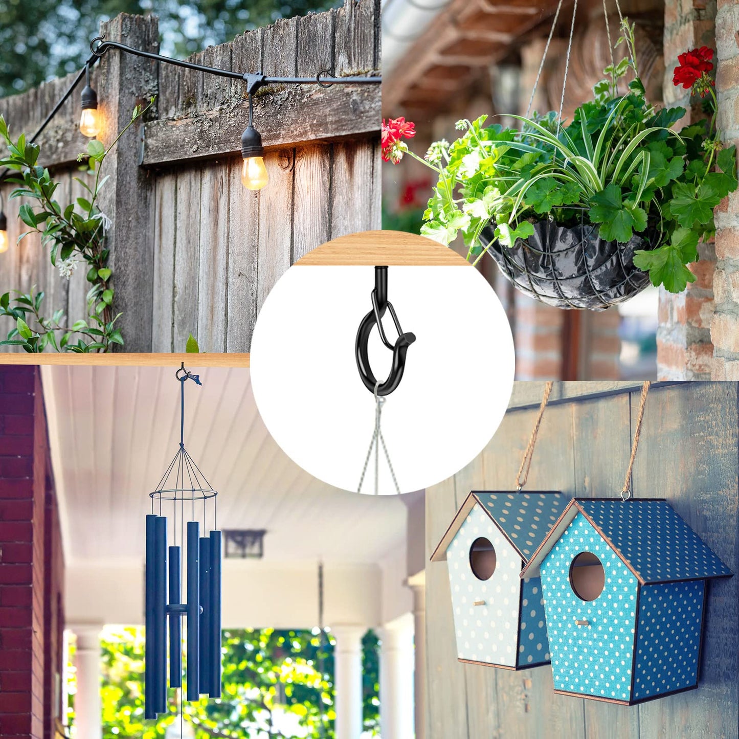 100 Pack Screw-in Hooks for Outdoor String Lights, Q Hangers String Light Hooks Outdoor for Outside, Swivel Hanging Basket Patio Light Hooks with Safe Buckle Screw in Planter Eye Hook for Wall Ceiling