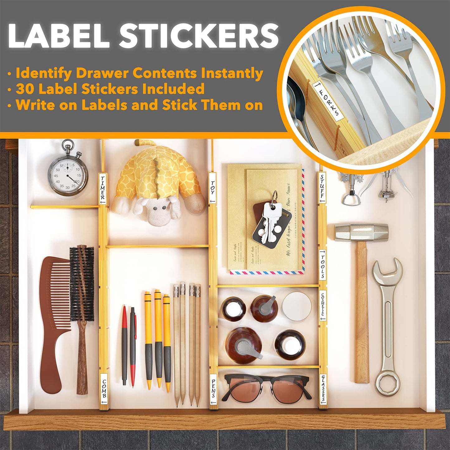 SpaceAid Bamboo Drawer Dividers with Inserts and Labels, Kitchen Cabinet Adjustable Drawer Organizers, Expandable Organization for Home, Office, Dressers, 4 Dividers with 9 Inserts (17-22 in)