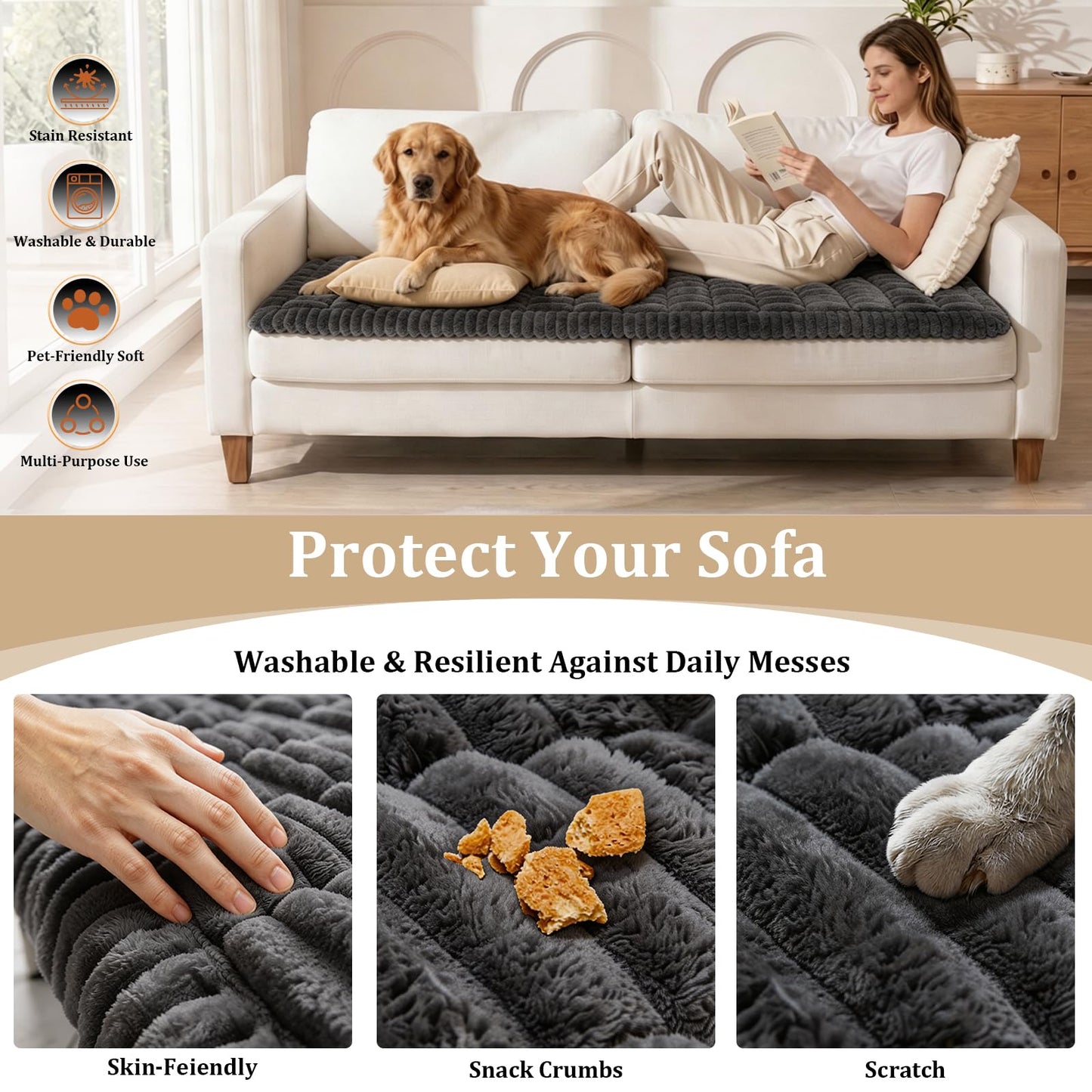 KIDOACOW 3-Layer Thicked Couch Cover for Dogs, Washable Sofa Pad Protector with Non-Slip Backing Pet Friendly Couch Covers Sofa 2 Seat Soft Plush Furniture Protector (Dark Grey, 27.6"x59")