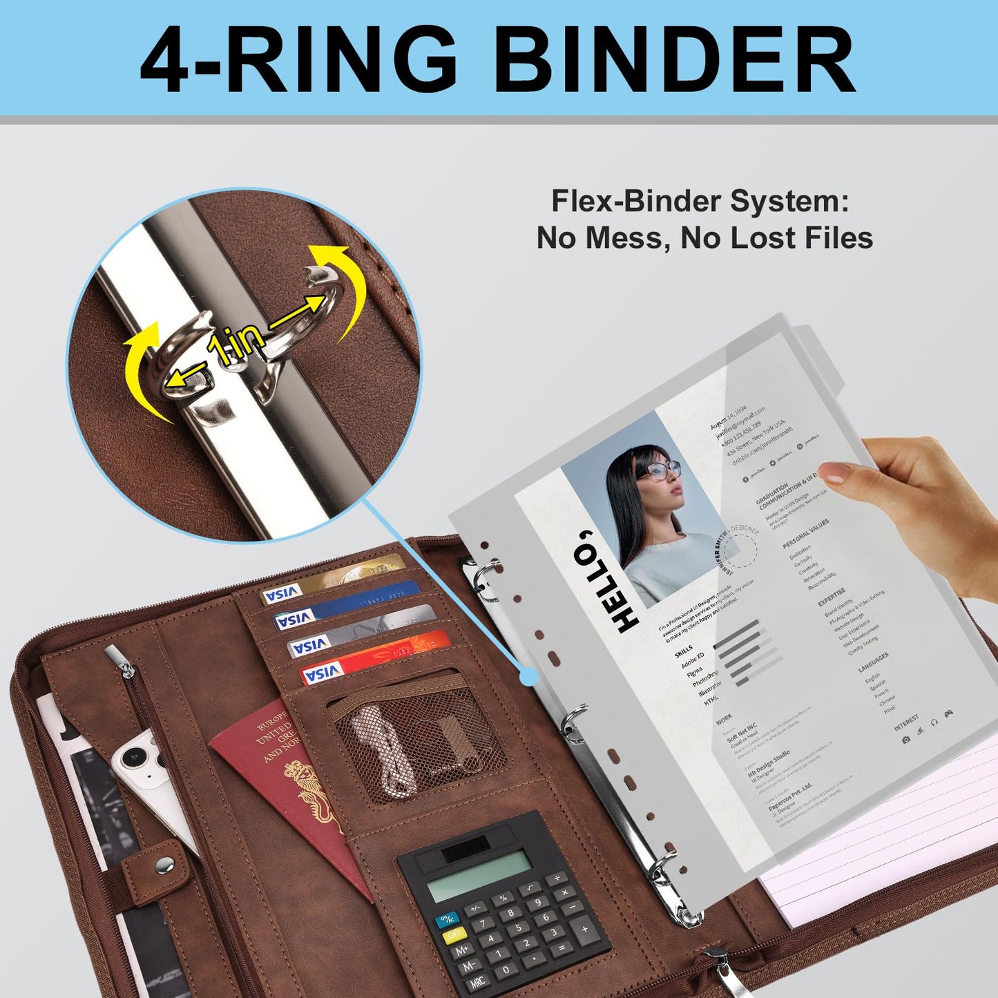 Eshow Portfolio Organizer - 3 Ring Binder with Zipper, Vegan Leather Business Padfolio Folder with Notepad Includes 10 Clear Sheet Protectors for Documents Files for Men Women
