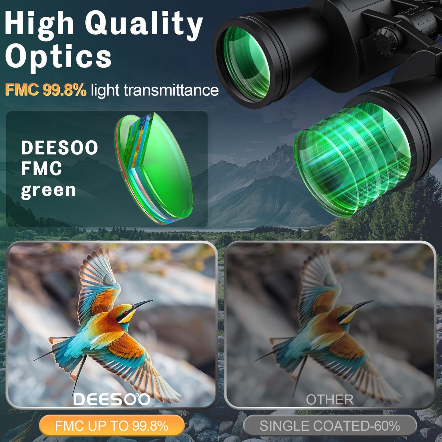 Deesoo 20x52 Binoculars for Adults High Powered - HD Large View Binoculars with Low Light Vision - Professional Binocular for Bird Watching Hunting Travel Cruise Outdoor Sports with Carrying Bag