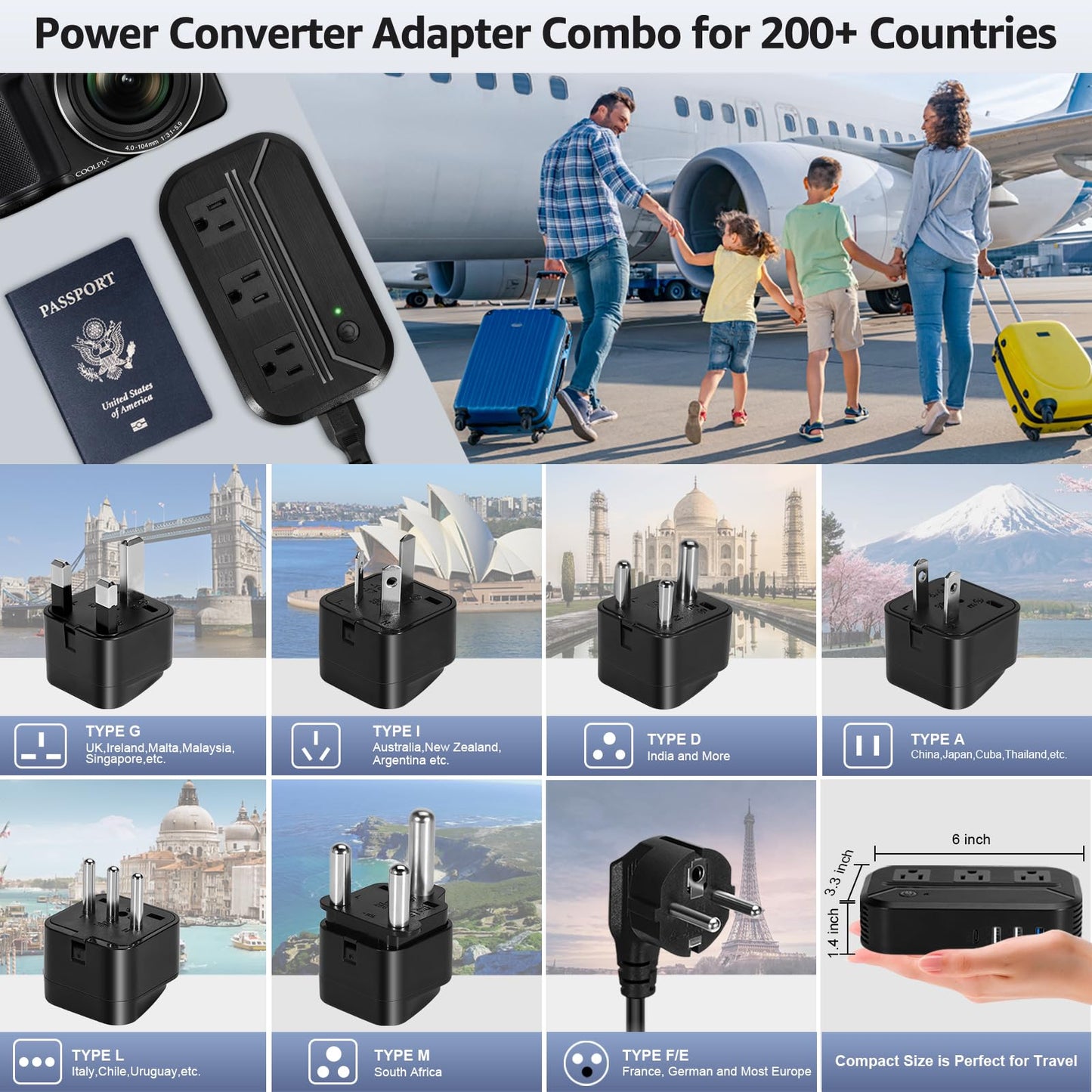 Voltage Converter 220 to 110v 2300W Universal Power Converter with 4 USB Ports, Universal Travel Adapter Canada to Europe, UK/Asia/Italy/India/Australia/South Africa (Black)