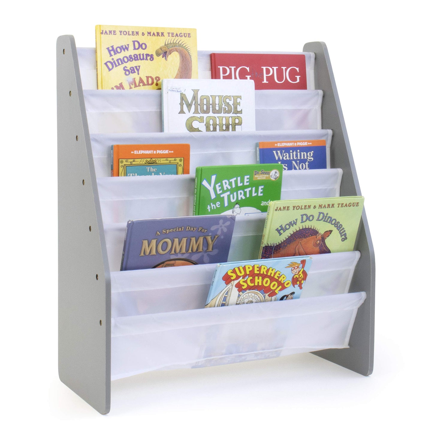 Humble Crew Kids Bookshelf 6-Tier Book Rack Organizer, Extra Large Toddler Bookcase with Fabric Storage Pockets, Front-Facing Display for Children’s Books, Grey/White, Nursery & Playroom Storage