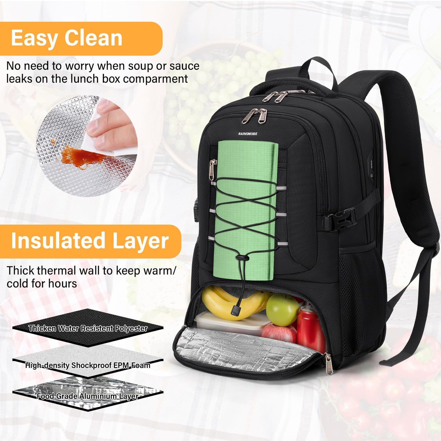 RAINSMORE Insulated Lunch Backpack for Men Women, 17.3 Inch Laptop Backpack with lunch compartment and USB Port and TSA Approved, for Work, Travel, Daily Life