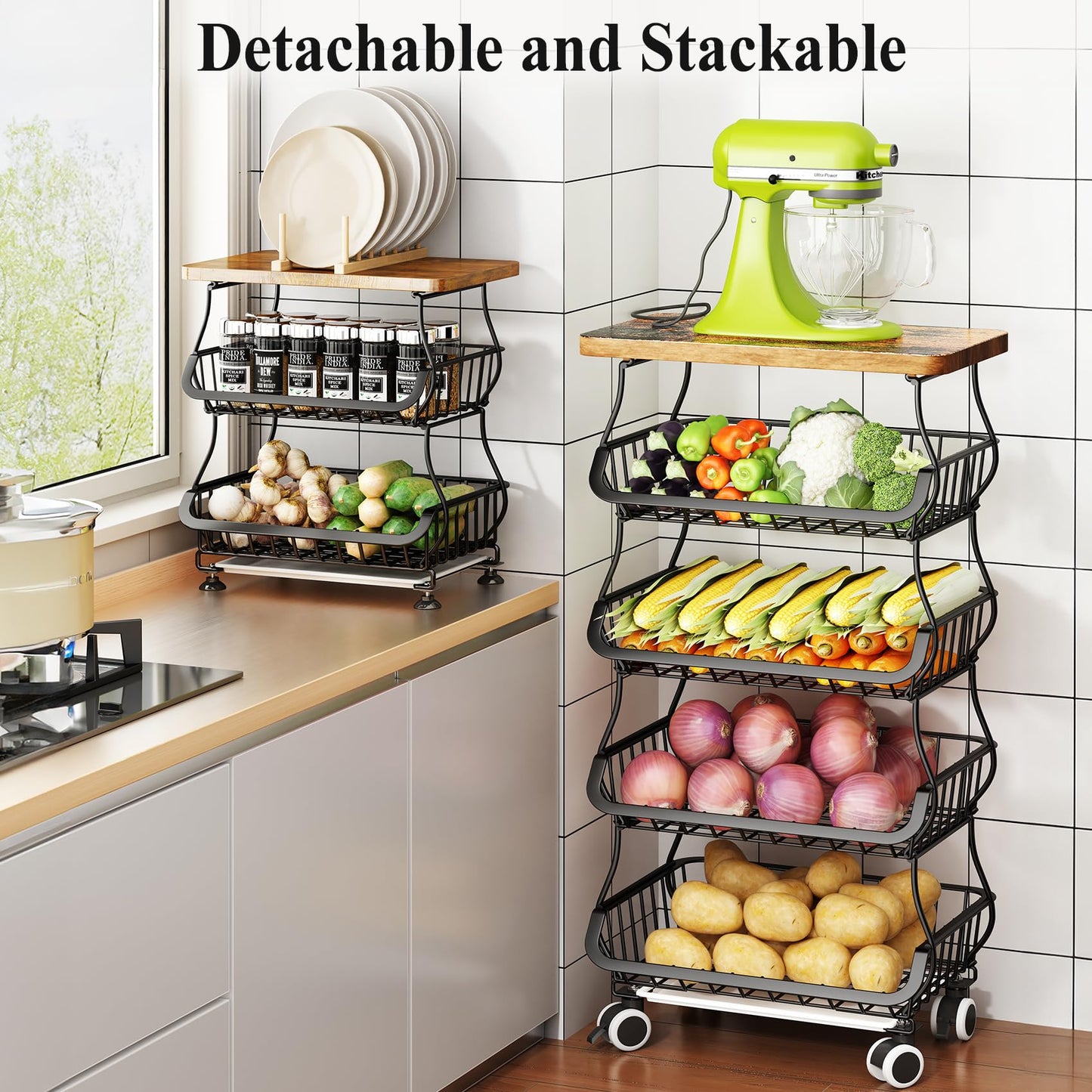 SAYZH Fruit Basket Kitchen Pantry Organizers and Storage - Wooden Top Table, Stackable Metal Wire Basket Stand Cart for Fruit Vegetable Snacks Onion Potato Organization (Black, 5 Tiers)