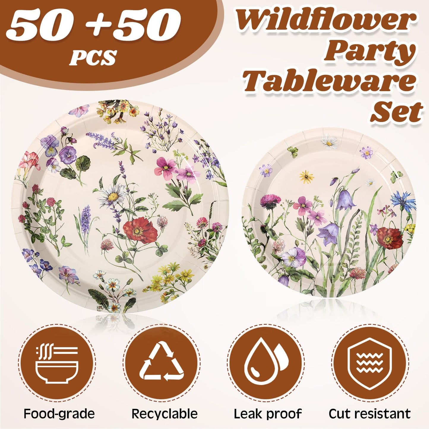 Mumufy 100 Pack Floral Paper Plates 9 & 7 Disposable Wildflower Dessert Plates Dinner Tableware Floral Party Decoration for Easter Garden Spring Tea Party Baby Shower Wedding Birthday Supplies