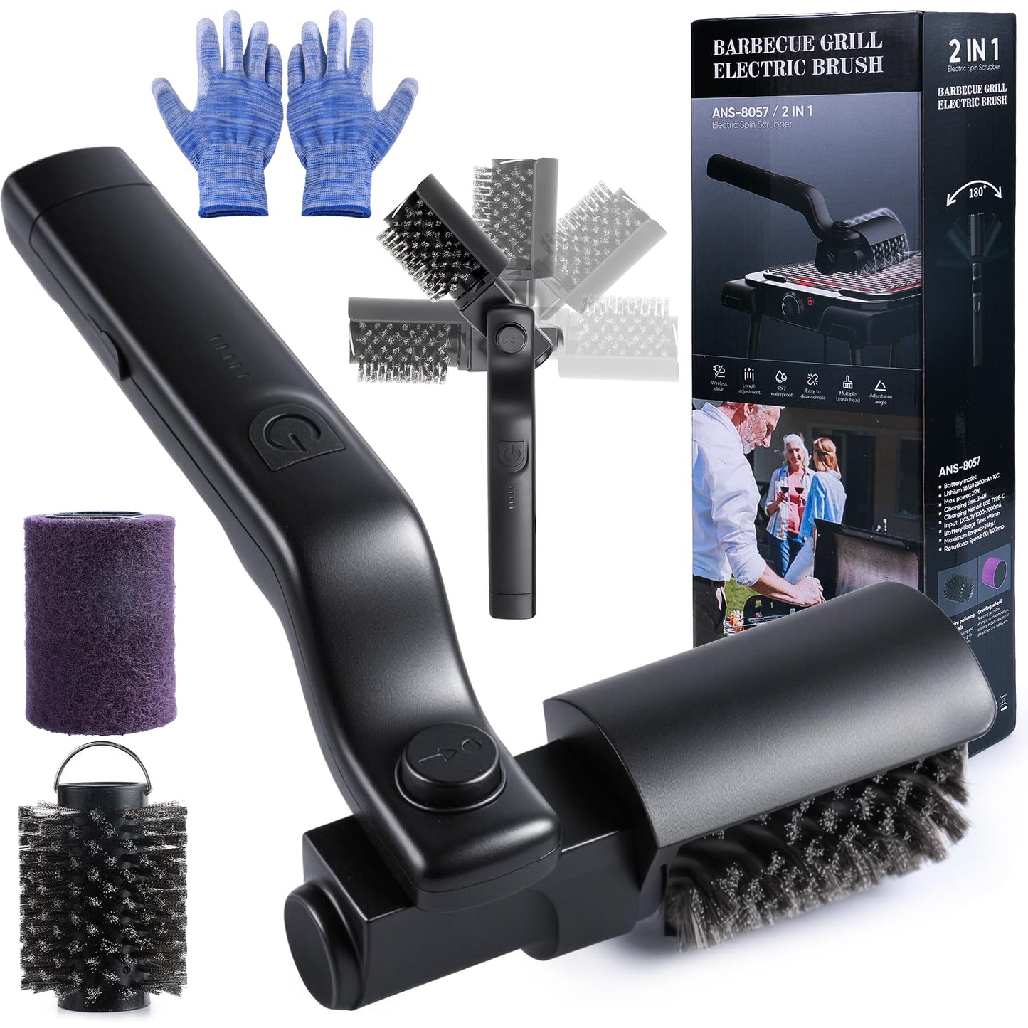 PUVIRECN Electric Grill Cordless Cleaning Brush, Upgraded AS SEEN ON TV! BBQ Barbecue Scrubber, High Torque 25W Motor & MAX 400RPM, Dual Heads & Splash Guard
