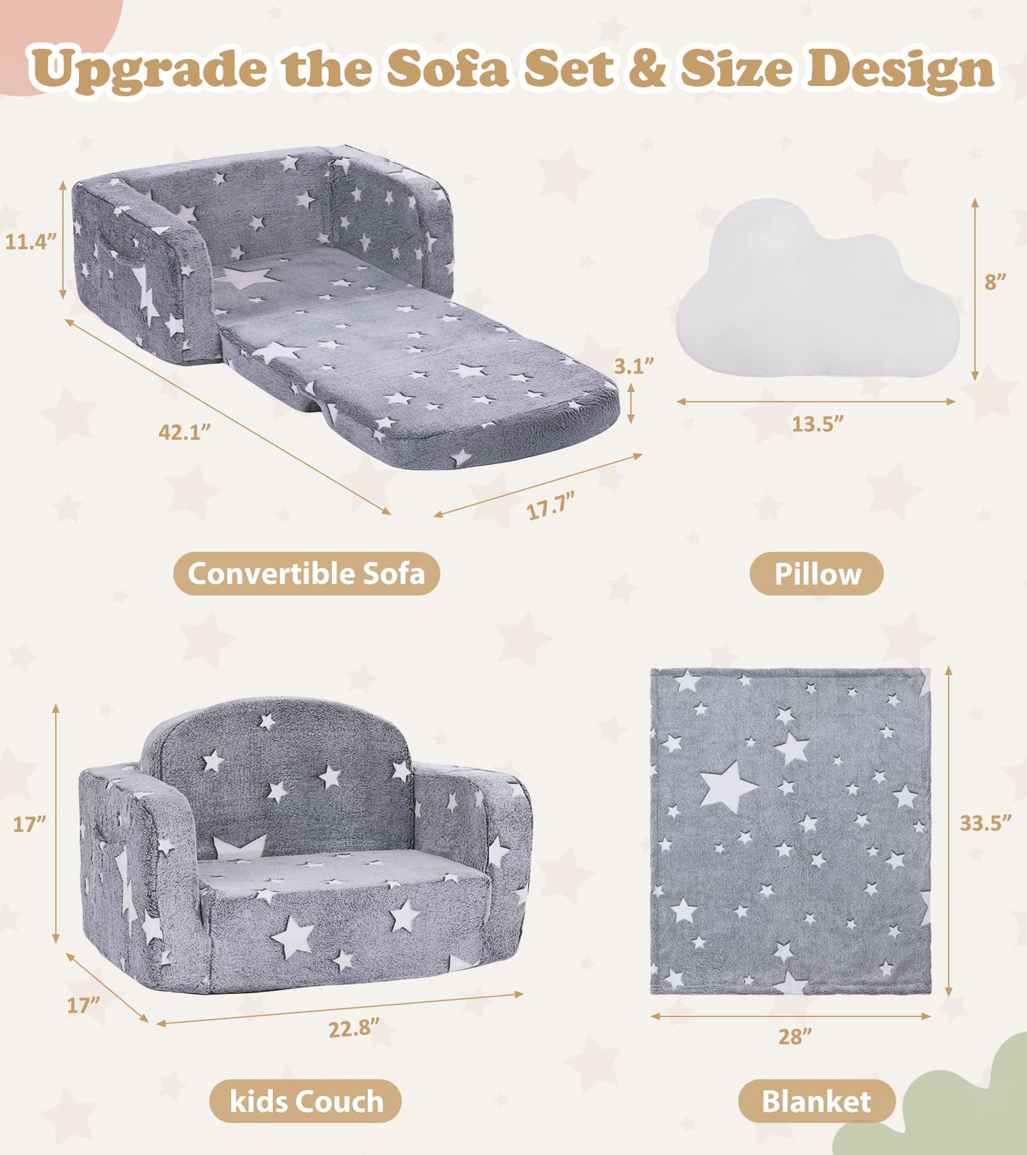 Kids Couch, 2-in-1 Soft Toddler Couch Fold Out with Blanket and Cloud Pillow, Glow in The Dark, Toddler Chair Comfy, Convertible Sofa, Gifts for Kids Girl Boys, Grey Star