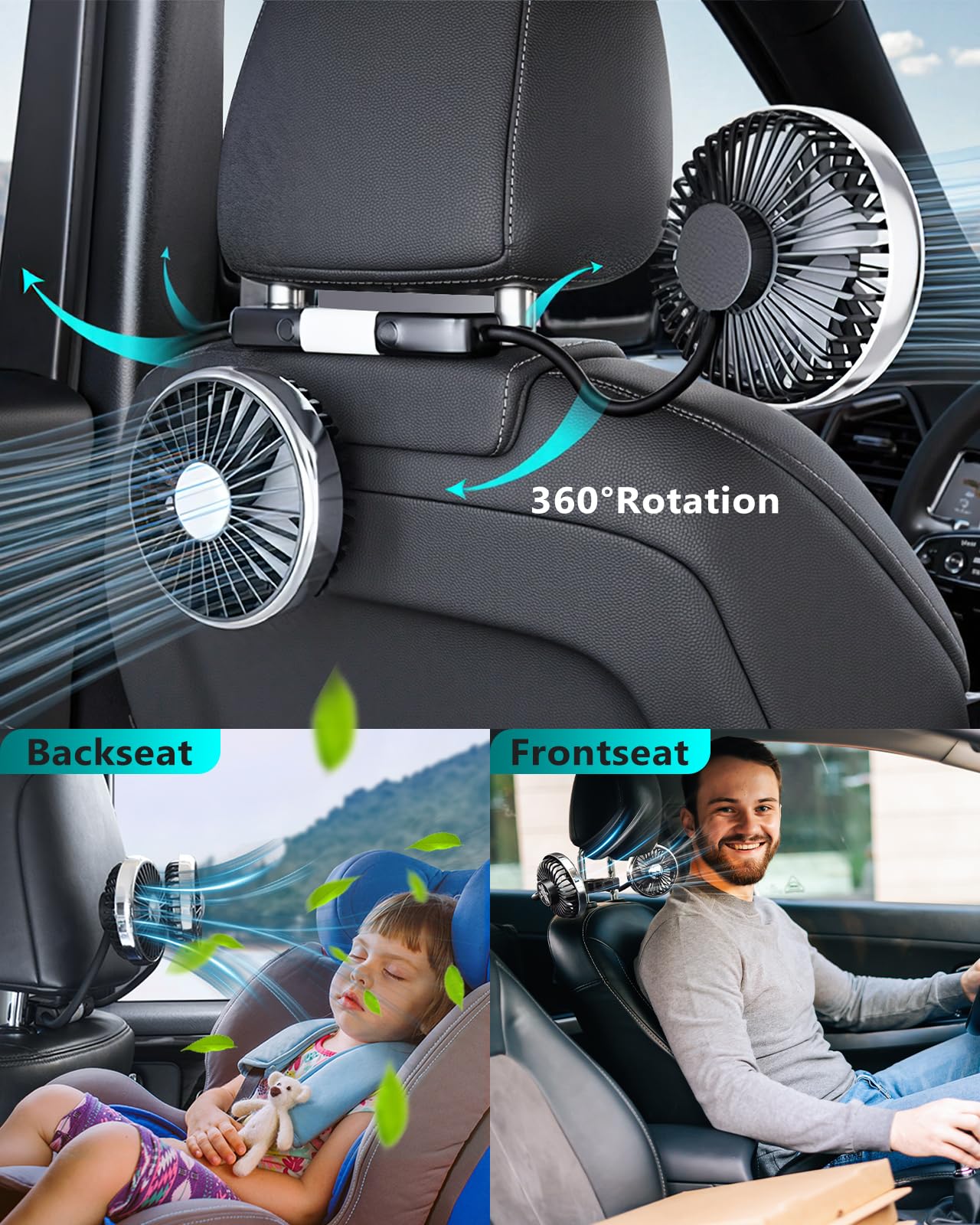 xuenair 360 Hose Cooling Fan for Car Backseat Kids Baby Rear Facing, Portable USB Car Fan for Vehicle SUV RV Pickup Truck Headrest - Powerful 3-Speed LED Light