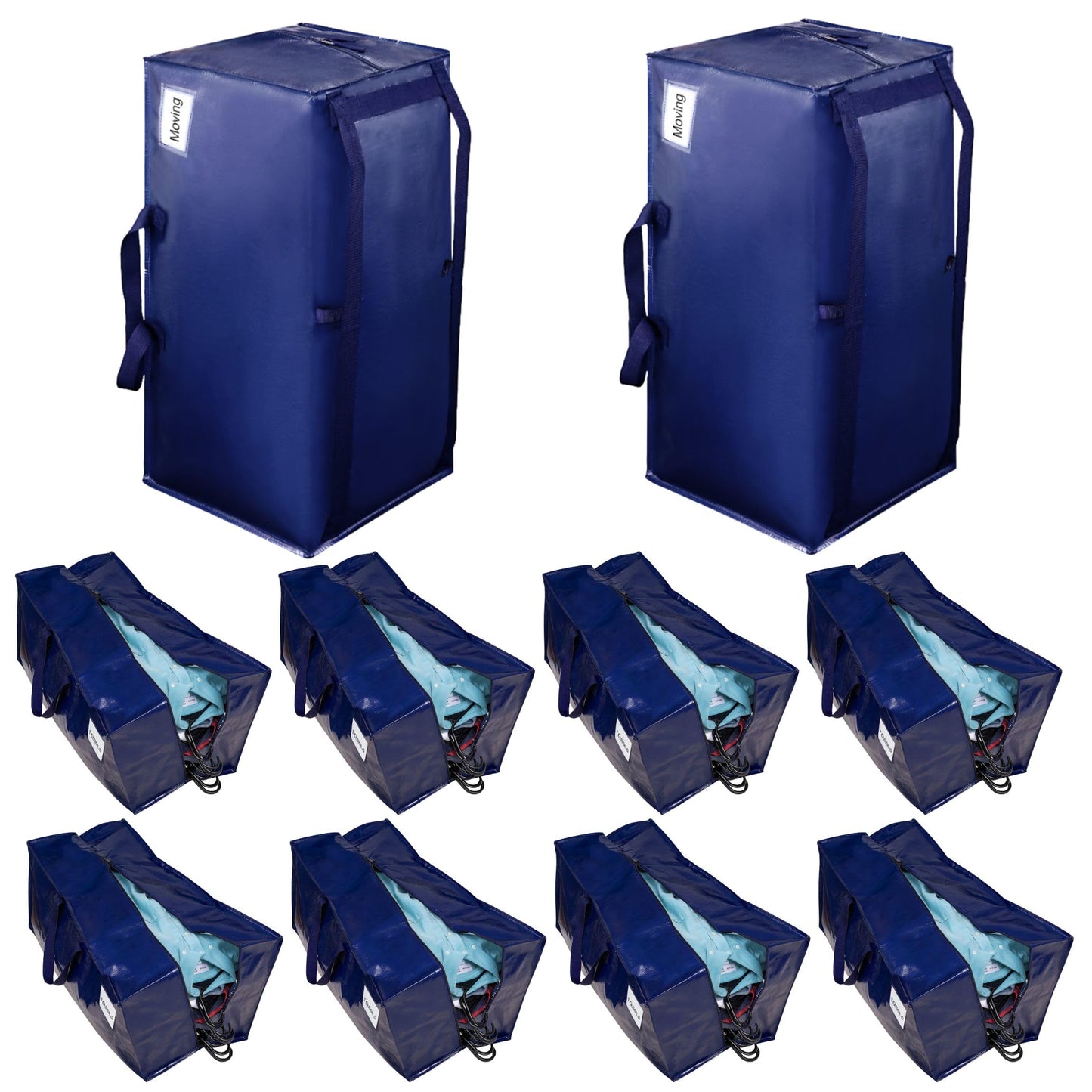 VENO Extra Large Moving Bags with Backpack Straps, Cloth Storage Tote Bag Container with Sturdy Zipper and Strong Handles Moving Supplies Boxes College Dorm, Traveling, Camping (Blue, 10 Pack)