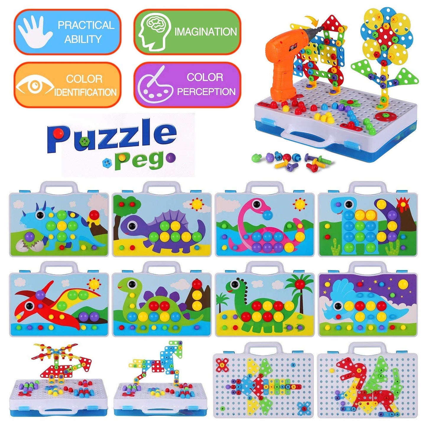 224 Piece STEM Building Set for Kids, Mosaic Drill Set Creative Puzzle Toy for Boys and Girls 4 5 6 7 8 Years Old, Design Drill Game Puzzle Block for Preschool Children Gift
