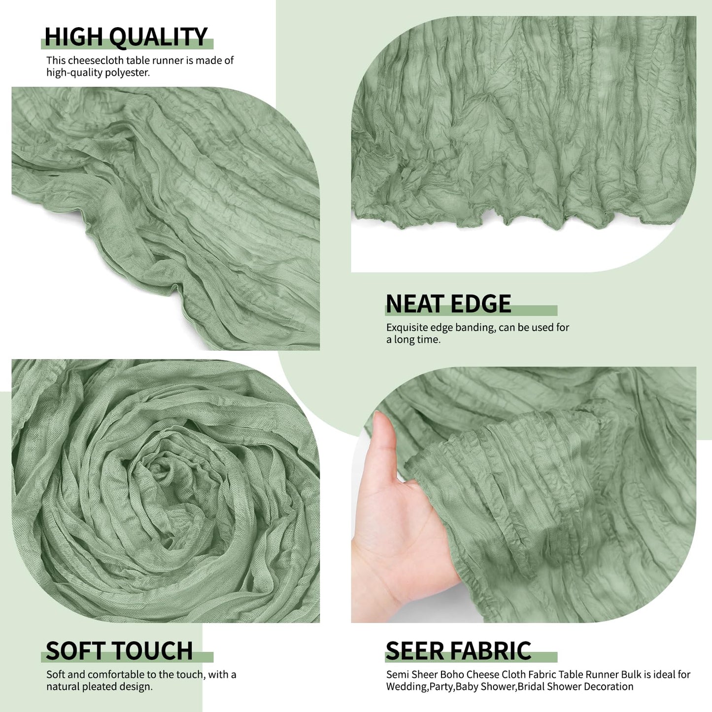 12 Pack Sage Green Cheesecloth Table Runner 10Ft, Gauze Table Runners 21.5 x 120 inch,Semi Sheer Cheese Cloth Fabric Runner Bulk for Wedding,Party,Baby Shower,Bridal Shower