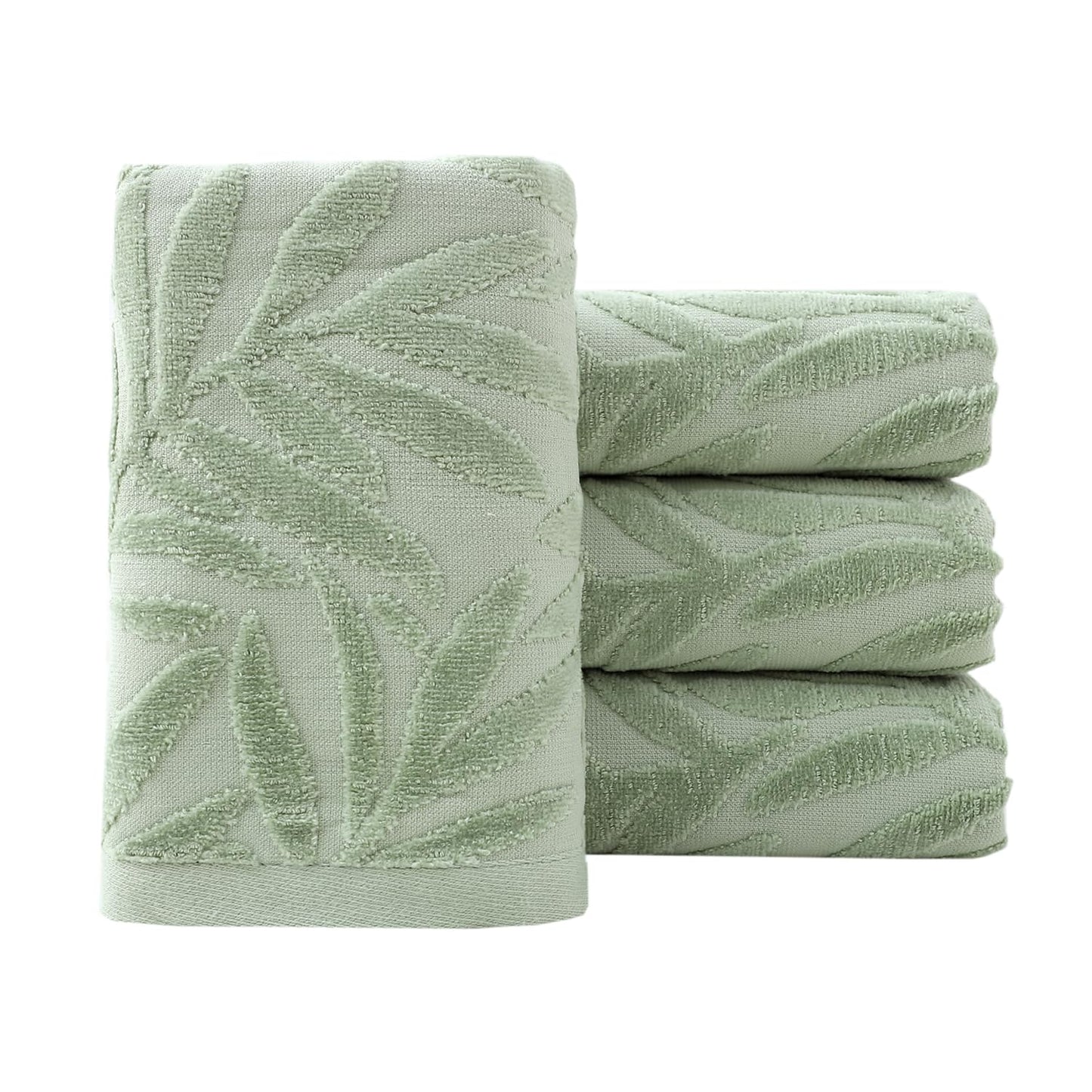Pidada Hand Towels Set of 4 Leaf Pattern 100% Cotton Absorbent Soft Decorative Towel for Bathroom (Green)