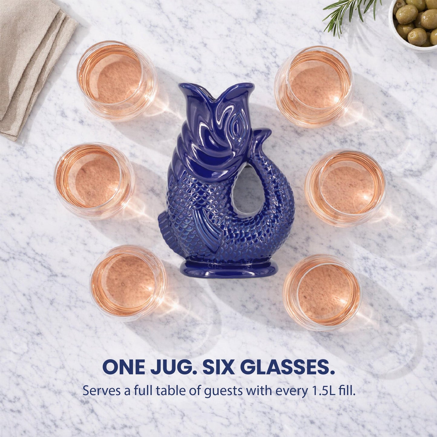 Glug Jug The Bubble Jug® Dark Cobalt Blue 50 fl oz 1.5L Litre Extra Large Gurgle Pitcher Jug Fish Shaped Decorative Ceramic Glugging Cocktail, Water and Gin Jug and Gurgling Carafe Pot