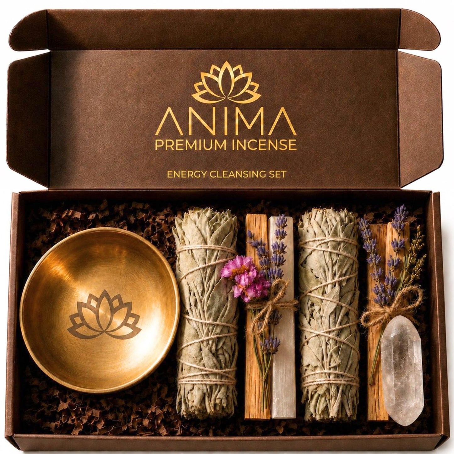 Anima Premium Energy Cleansing Set – White Sage Smudge Sticks, Palo Santo Sticks, Clear Quartz & Selenite Crystal with Smudge Bowl for Crystals & Home Cleansing, Meditation & Manifestation