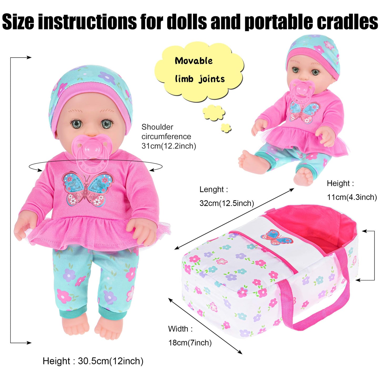 Ebuddy 12 inch Baby Doll and Accessories-Reborn Dolls Real Life Baby Dolls with 1 Sets Clothes,Carry Basket,Bunny Plush Toy,Pacifier, Bottle