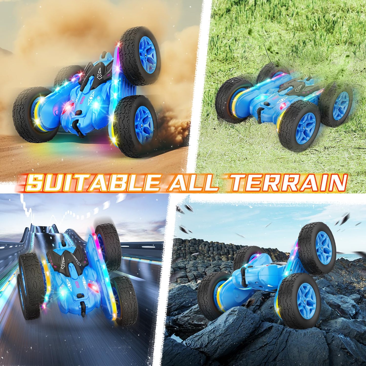Terucle Remote Control Car, Rc Cars Stunt Car Toys New Upgraded Strip Lights and Headlights Car Toys Double-Sided 360° Rotating 4WD Rc Drift Truck for Boys Girls Birthday Gift (Blue)