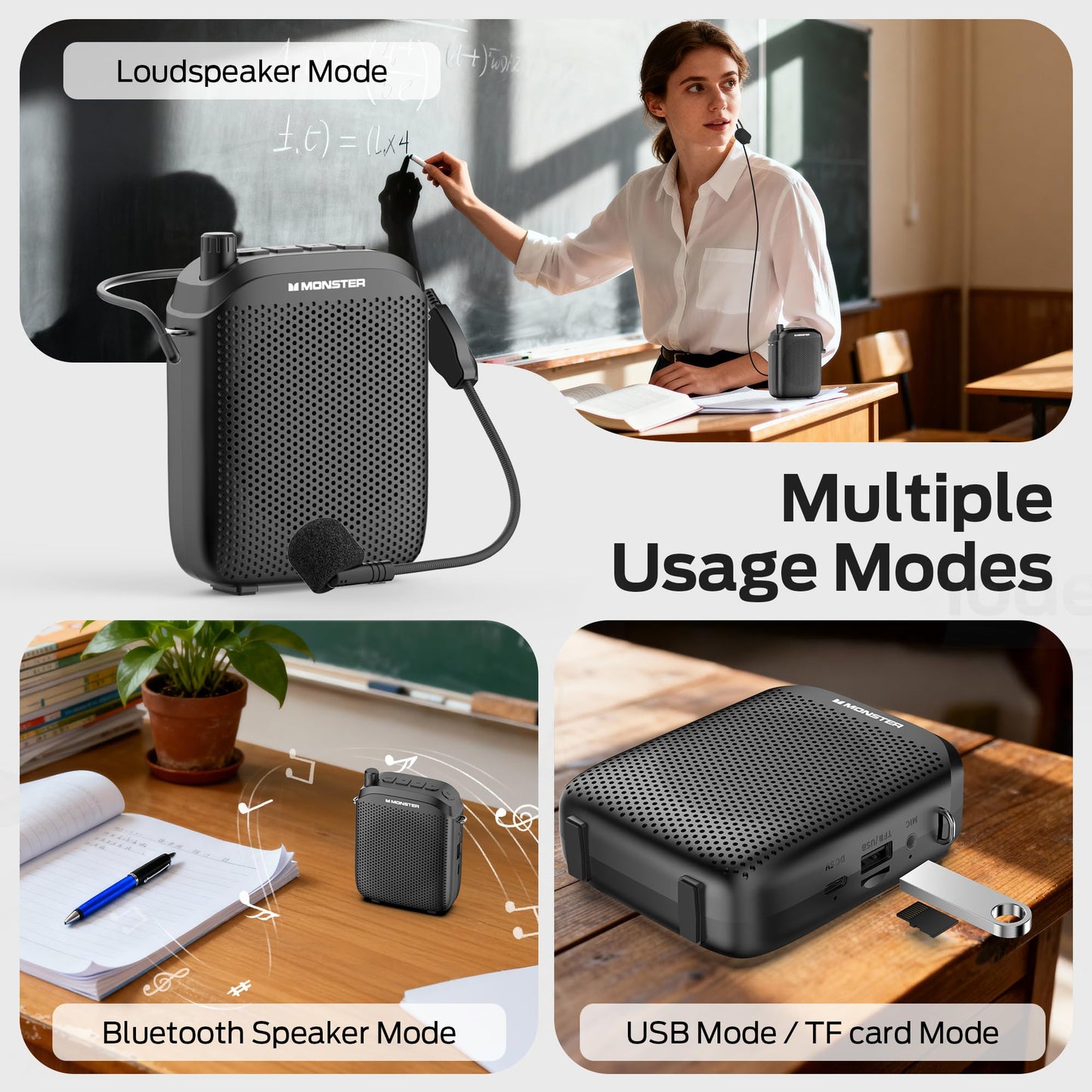 Monster Phonic 20 Voice Amplifier, 15W Portable Voice Amplifier for Teachers, Bluetooth PA Speaker with Wired Microphone, Portable Speaker with Microphone for Classroom, Teaching, Speaking