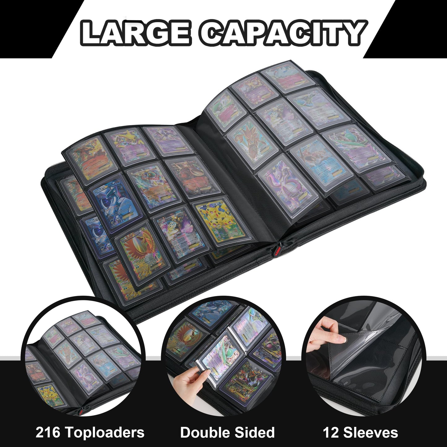 PREZA Toploader Binder - Holds 216 Top Loaders - 9 Pocket Top Loader Binders - Trading Card Binder for Toploaders - Top Loader Binder Card Storage Box (Black)
