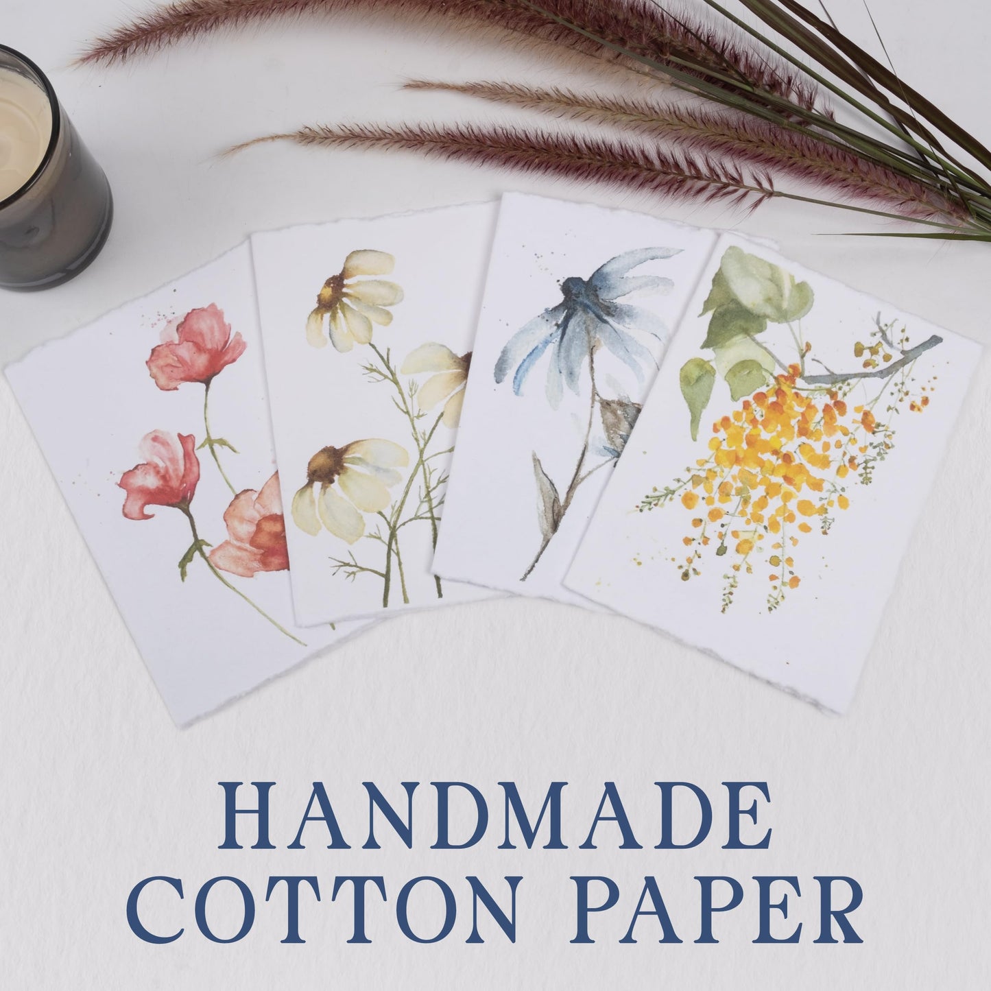Wanderings Handmade Deckle Edge Blank Greeting Cards & Envelopes with Flower Art - Thick 300 GSM paper– 20 Cards (5 Each of 4 Varieties) for Invitations, Thank You, Get Well and Birthday Cards –5x7"
